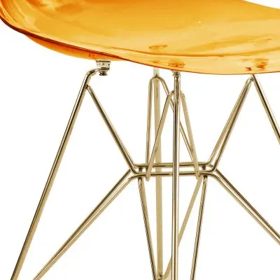 5-Piece Dining Set with 35" Round Dining Table in White Iron Pedestal Base and 4 ABS Plastic Side Chair with Gold Base, Transparent Orange