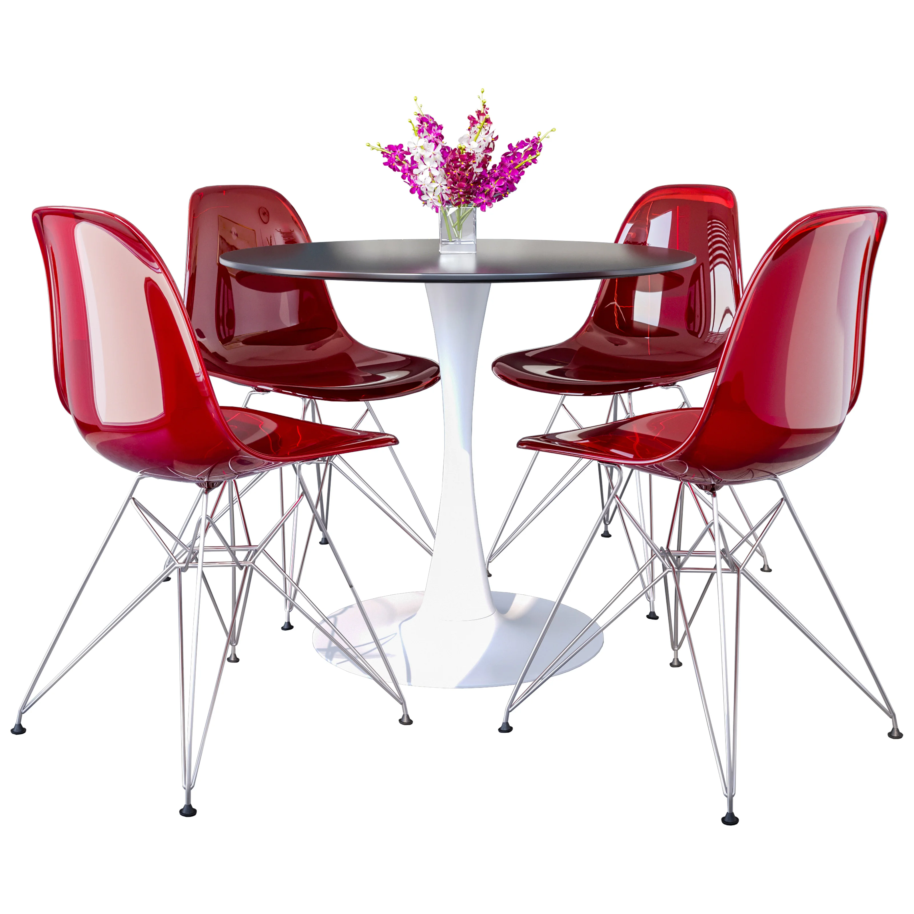 5-Piece Dining Set 35" Round Dining Table in White Iron - 4 ABS Plastic Side Chair in Chrome - Transparent Red
