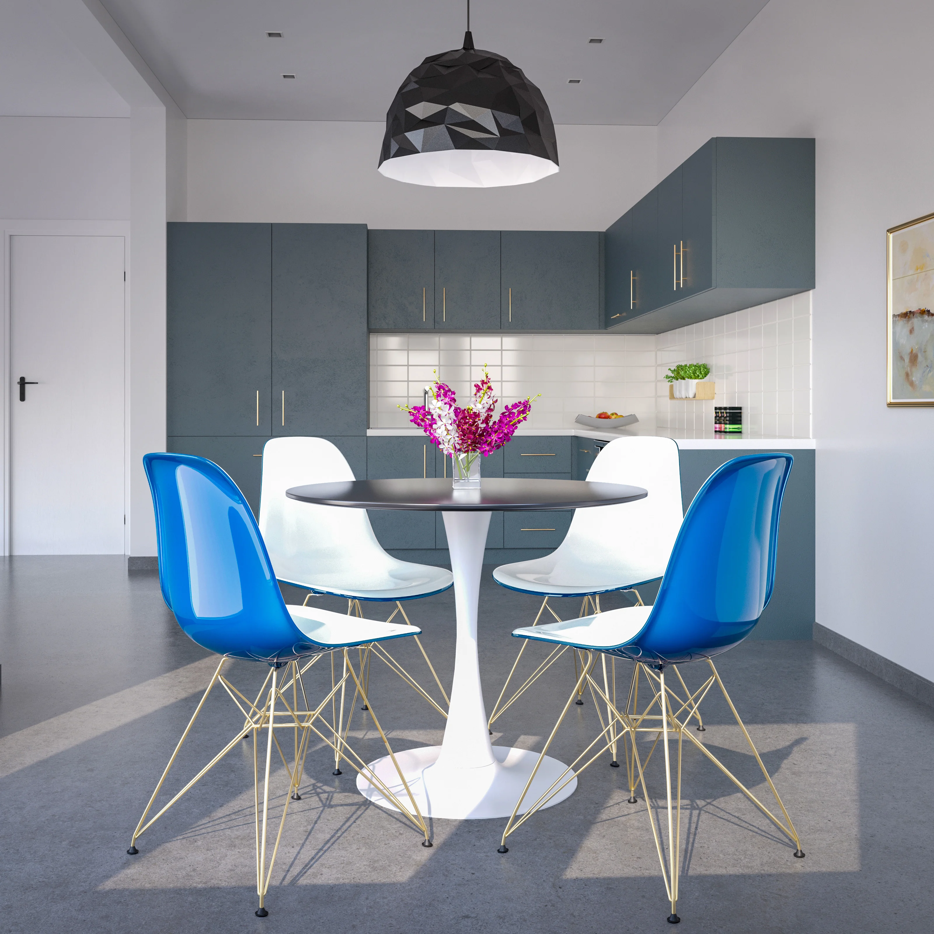 5-Piece Dining Set with 35" Round Dining Table in White Iron Pedestal Base and 4 ABS Plastic Side Chair with Gold Base, White Blue