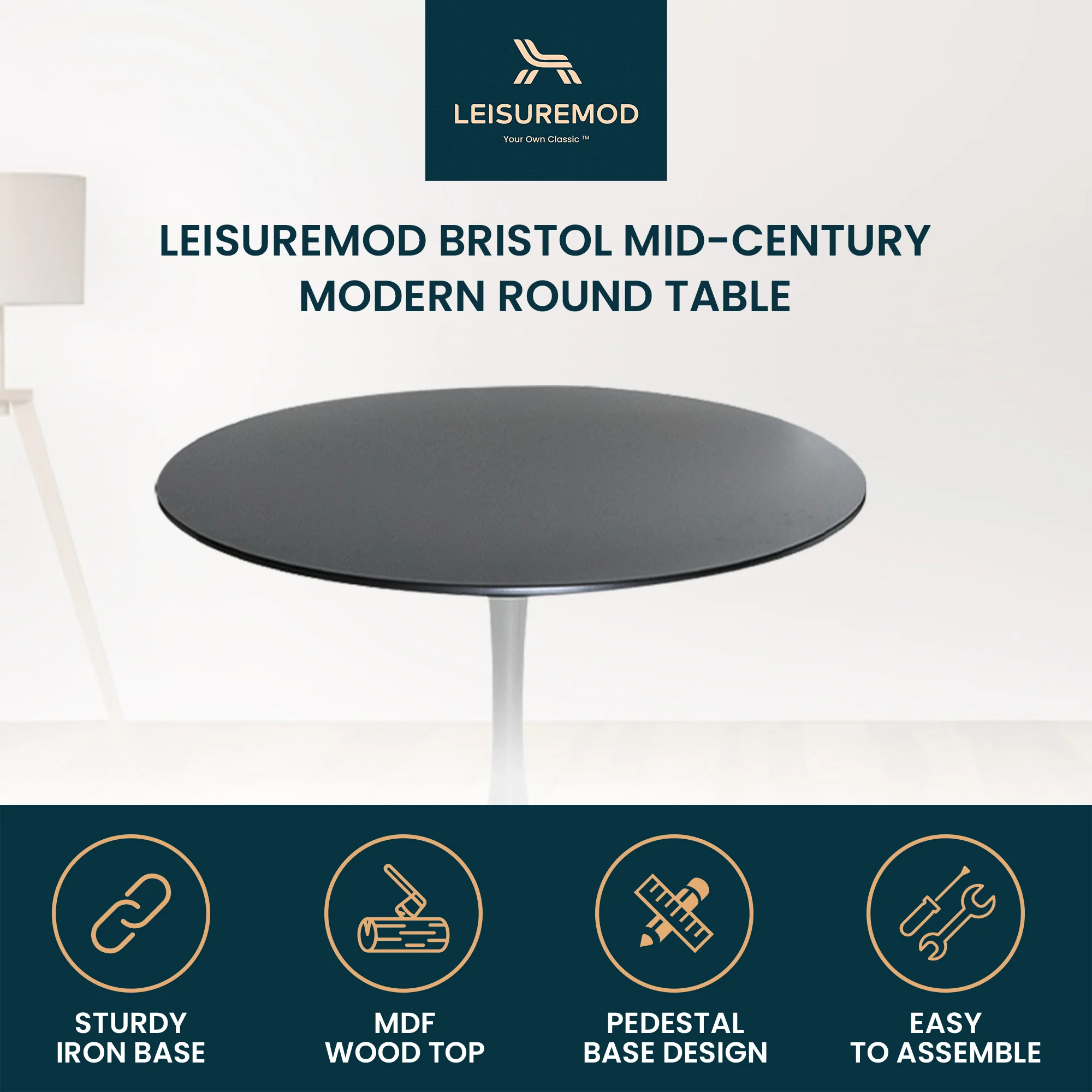 Bristol Mid-Century Modern Round Dining Table with Wood Top and Iron Pedestal Base with Gloss Finish for Kitchen and Dining Room