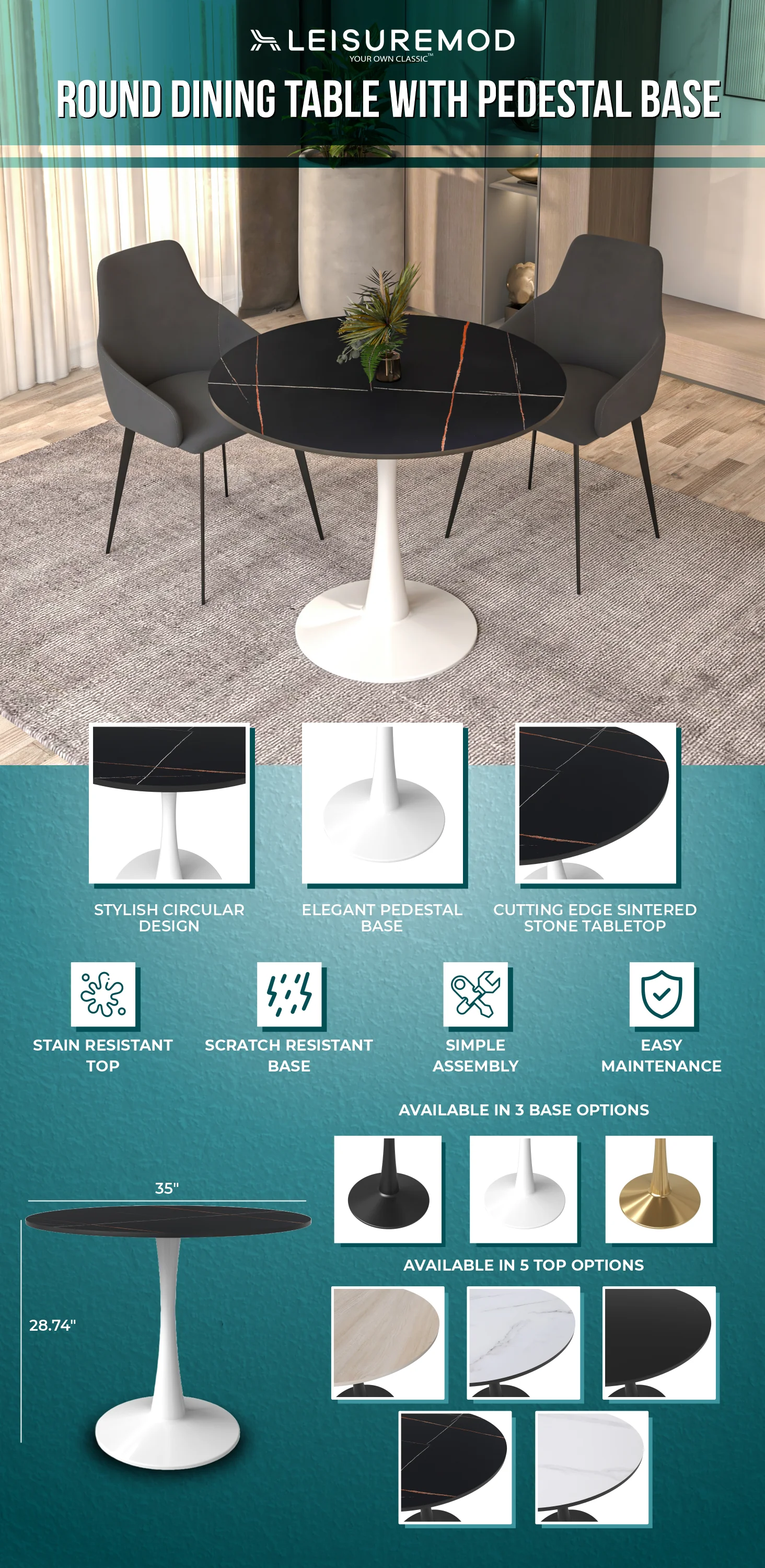 Bristol 35" round dining table White base with Black Sintered stone Top