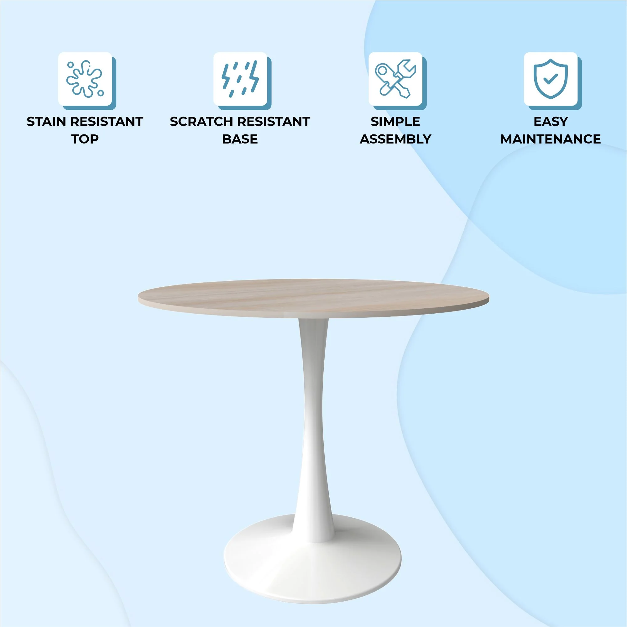 Bristol 35" Round Dining Table White Base with Sintered Stone Natural Wood Top