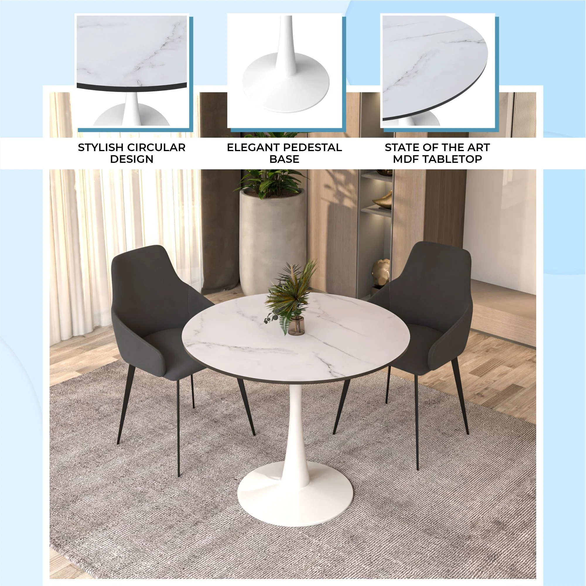 Bristol Mid-Century Modern Round Dining Table with Wood Top and Iron Pedestal Base with Gloss Finish for Kitchen and Dining Room