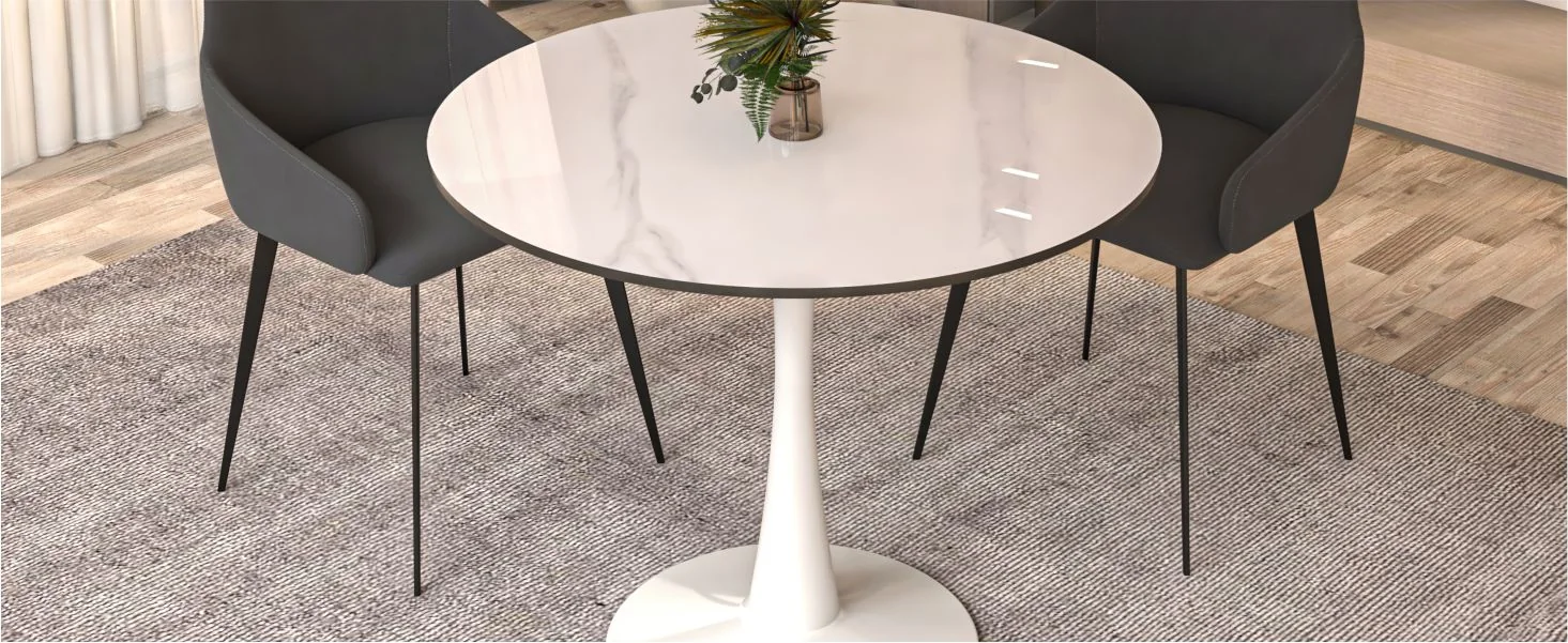 Bristol 35" round dining table White base with White Sintered stone Top
