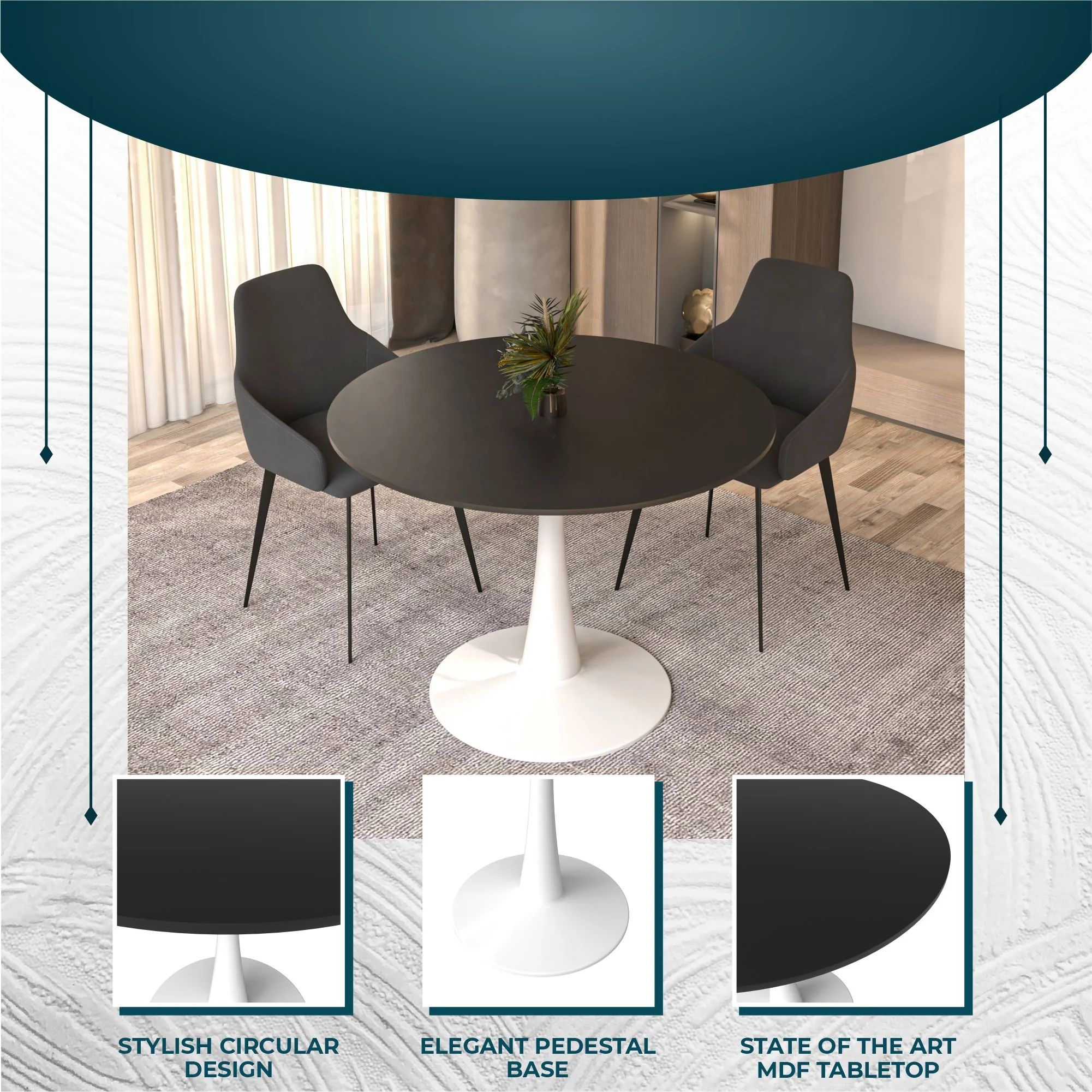 Bristol, 40" Round dining table in White Base with Blacktop