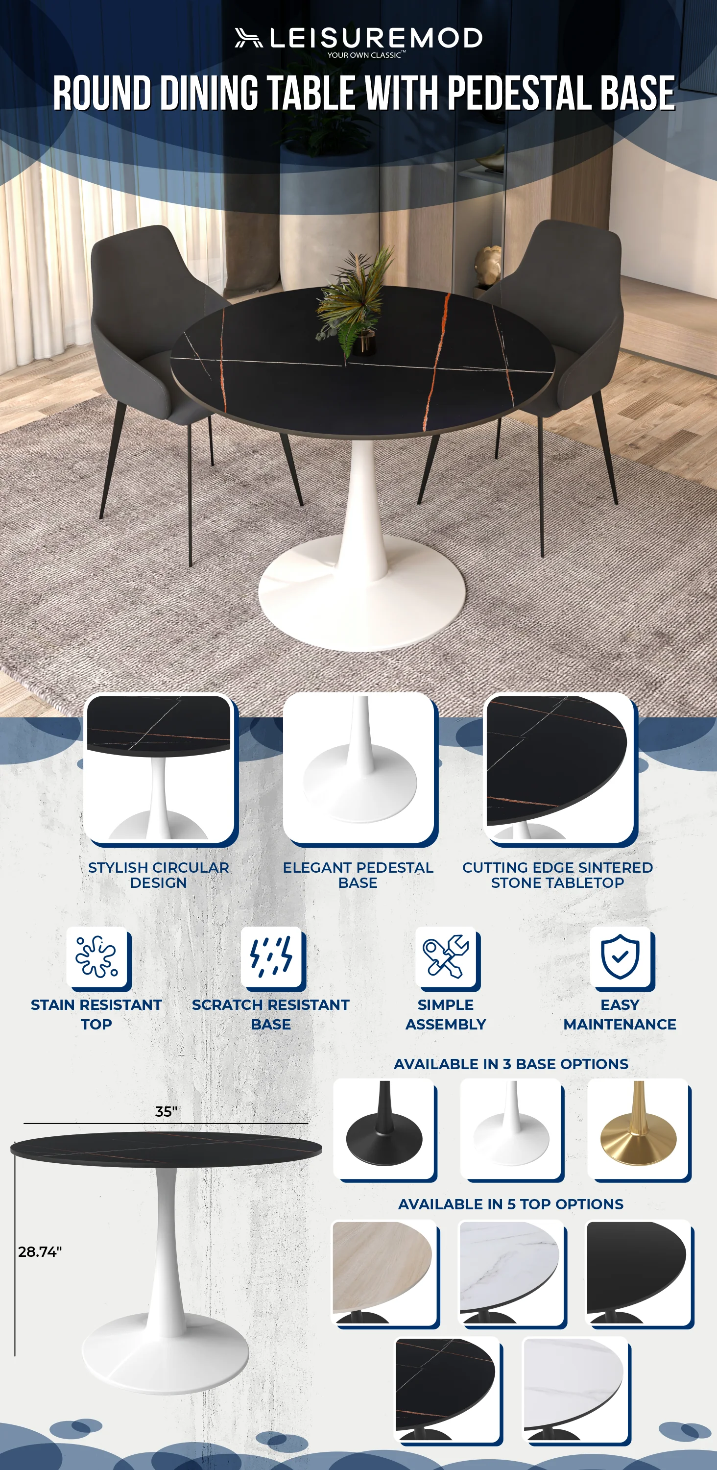 Bristol 40" round dining table White base with Black Sintered stone Top