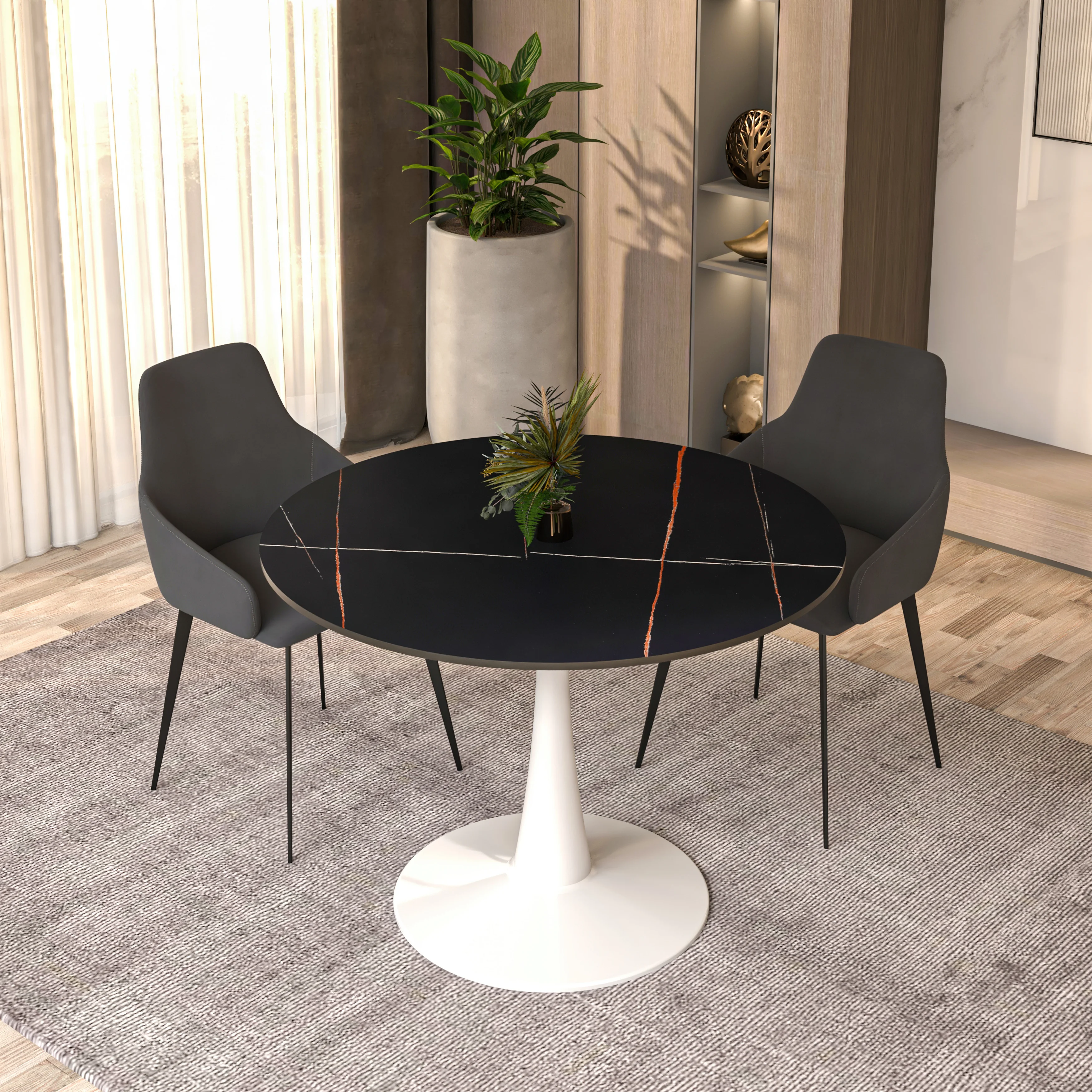 Bristol 40" round dining table White base with Black Sintered stone Top