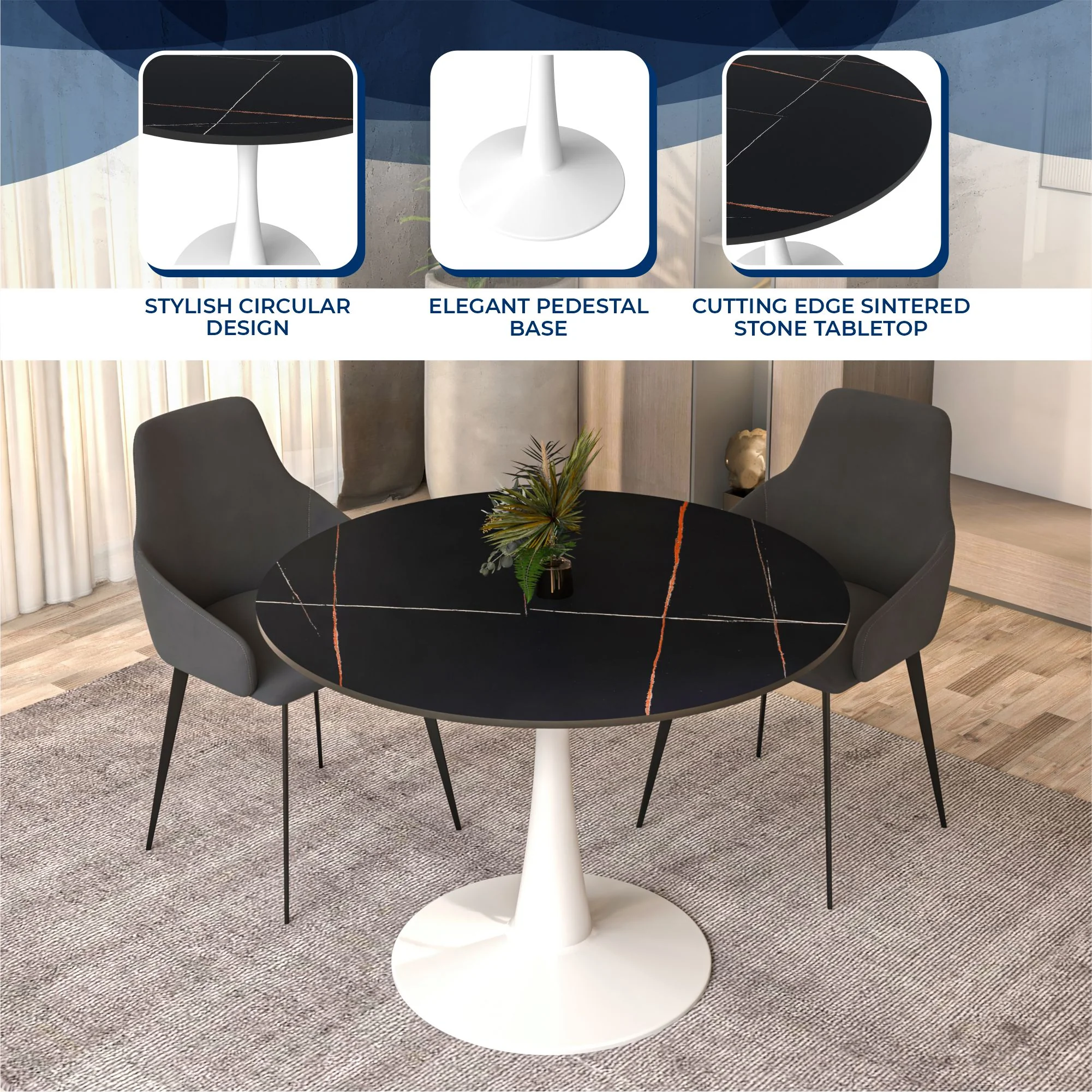 Bristol 40" round dining table White base with Black Sintered stone Top