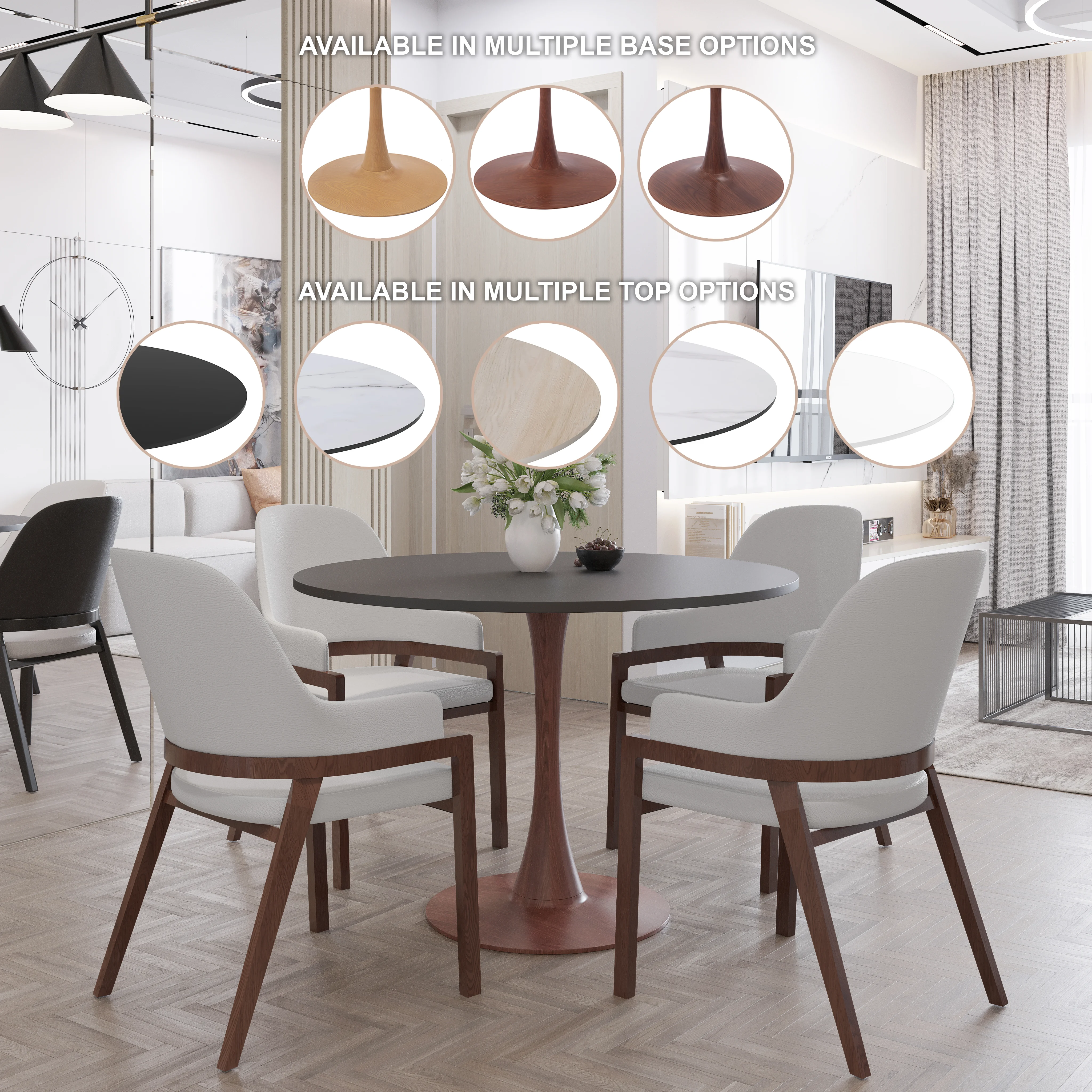 Bristol 35" Round Dining Table Wood Transfer Walnut Base with MDF Black Top