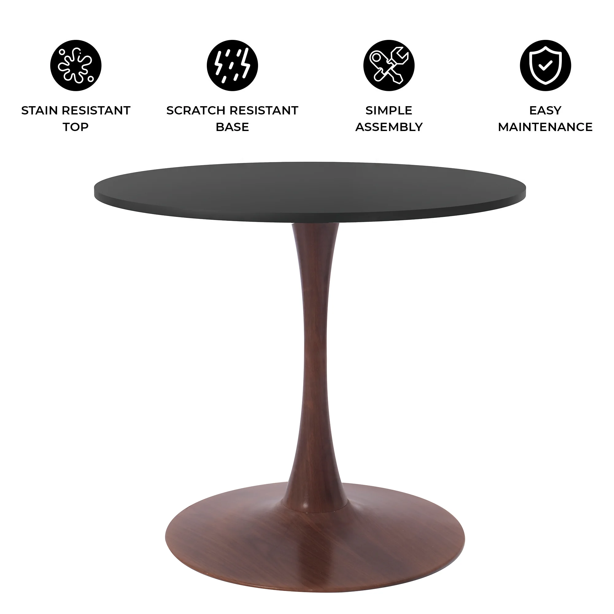Bristol 35" Round Dining Table Wood Transfer Walnut Base with MDF Black Top
