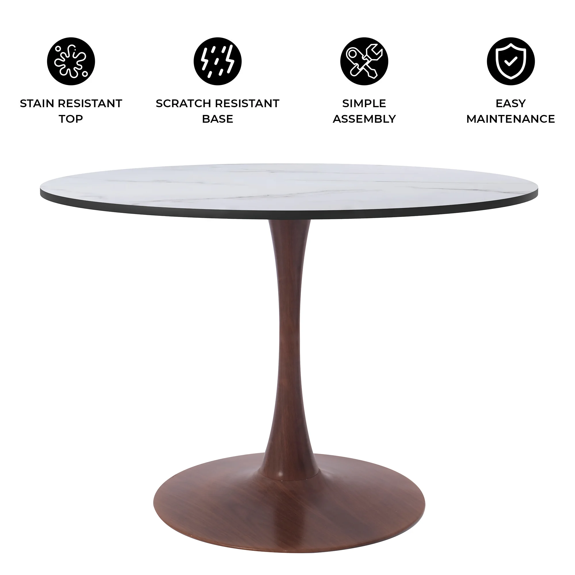 Bristol 35" Round Dining Table Wood Transfer Walnut Base with MDF Marbled White Top