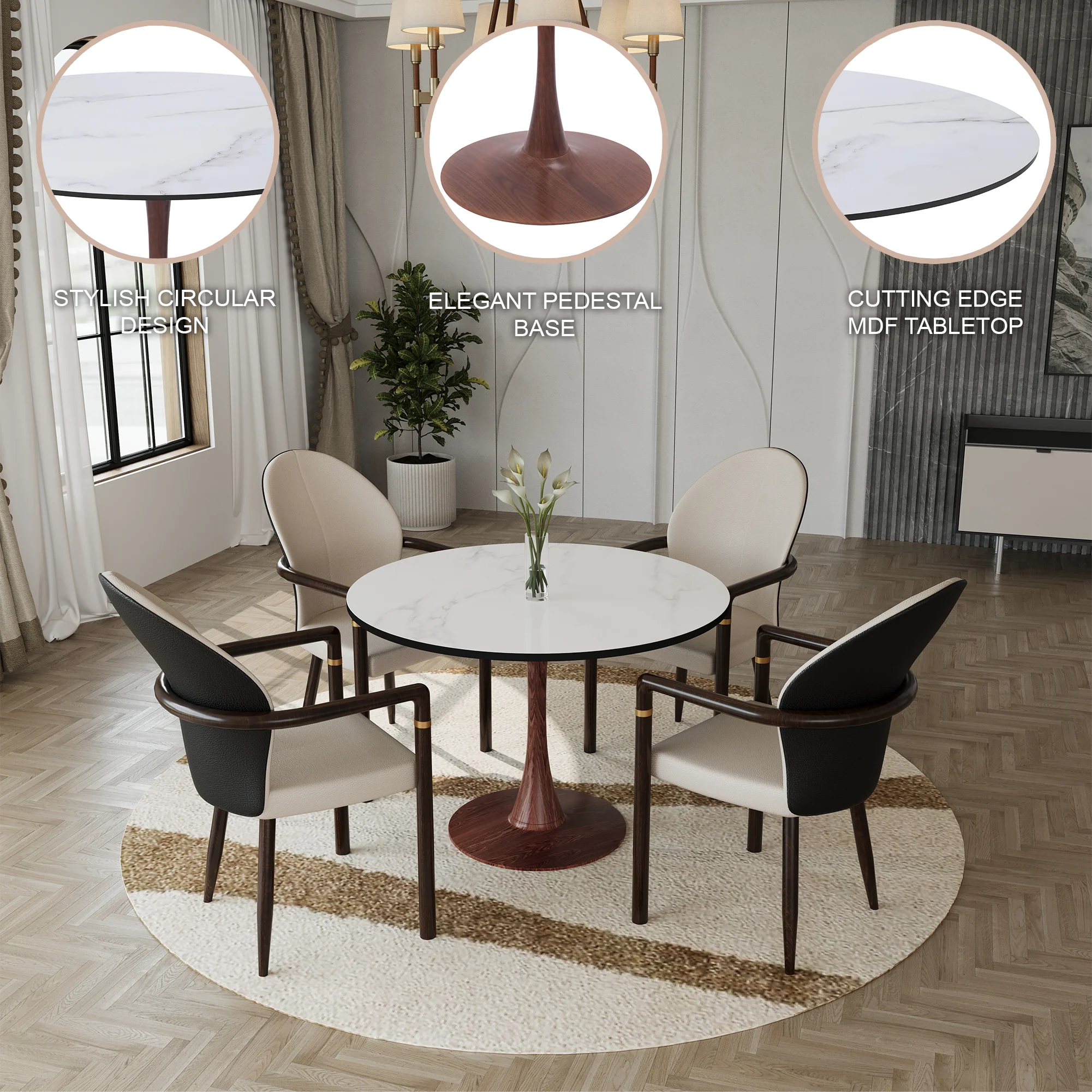 Bristol 35" Round Dining Table Wood Transfer Walnut Base with MDF Marbled White Top