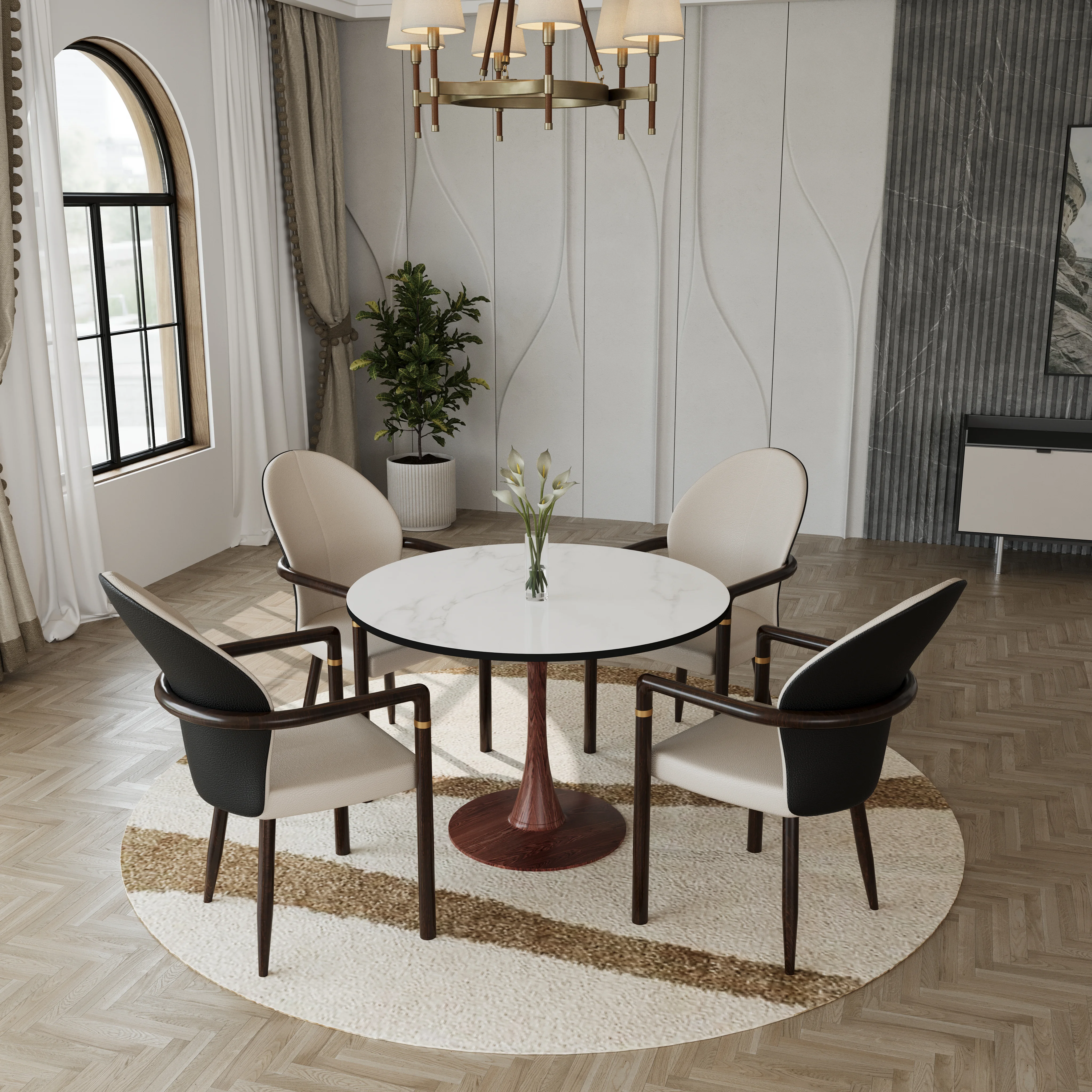 Bristol 35" Round Dining Table Wood Transfer Walnut Base with MDF Marbled White Top