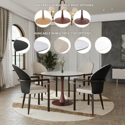 Bristol 35" Round Dining Table Wood Transfer Walnut Base with MDF Marbled White Top