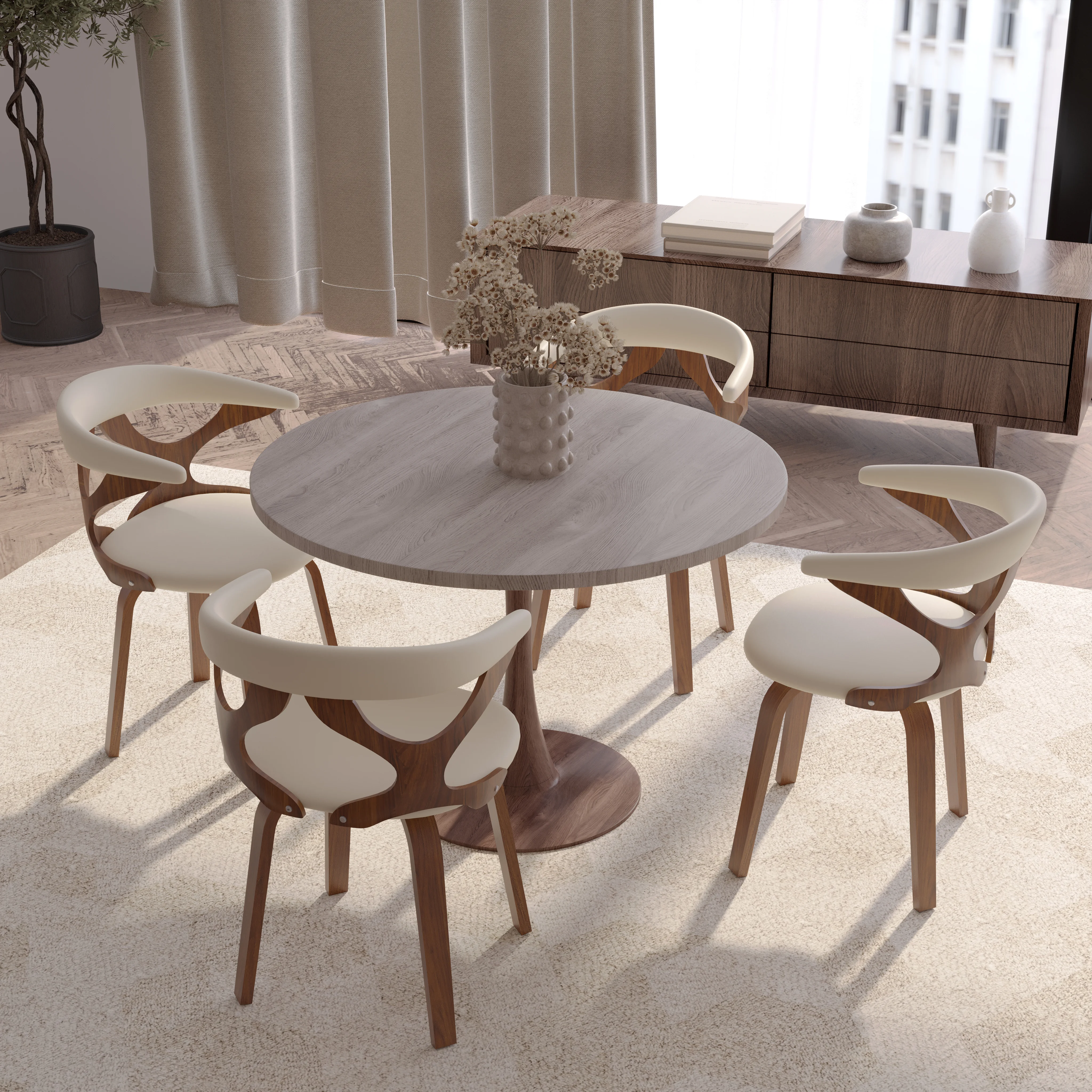 Bristol 35" Round Dining Table Wood Transfer Walnut Base with MDF Natural Wood Top