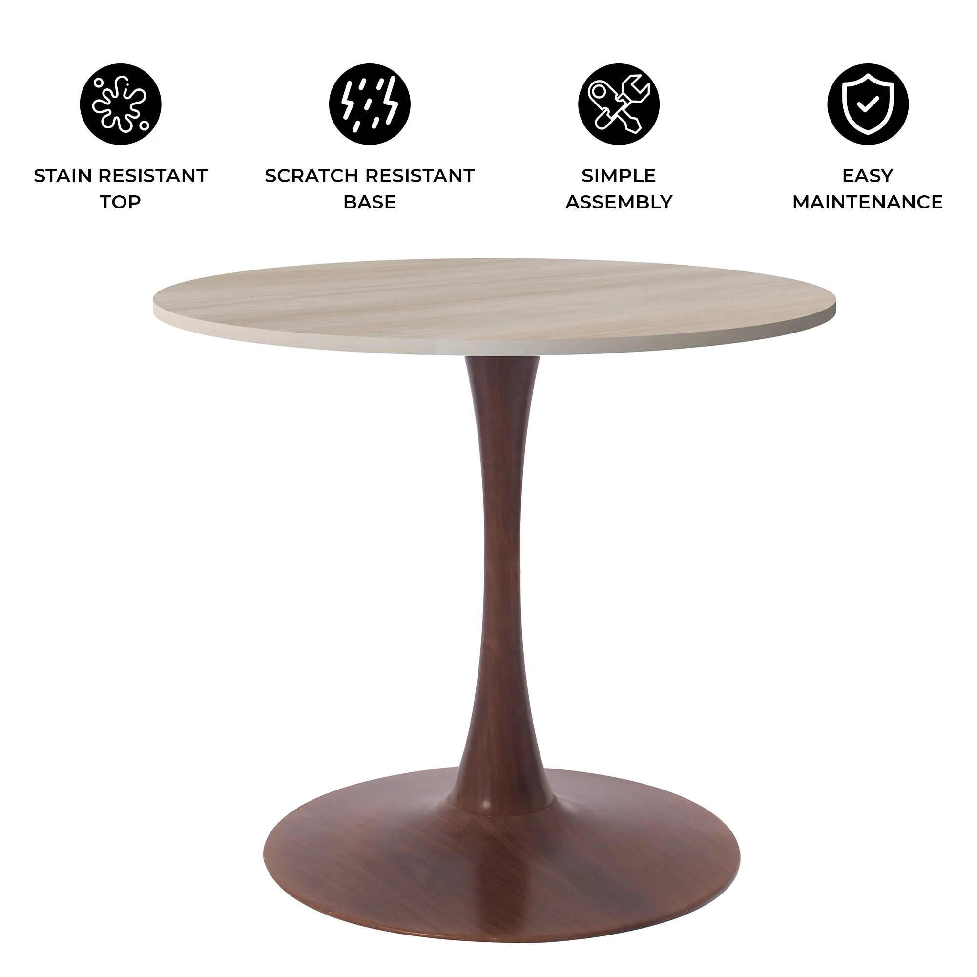 Bristol 35" Round Dining Table Wood Transfer Walnut Base with MDF Natural Wood Top