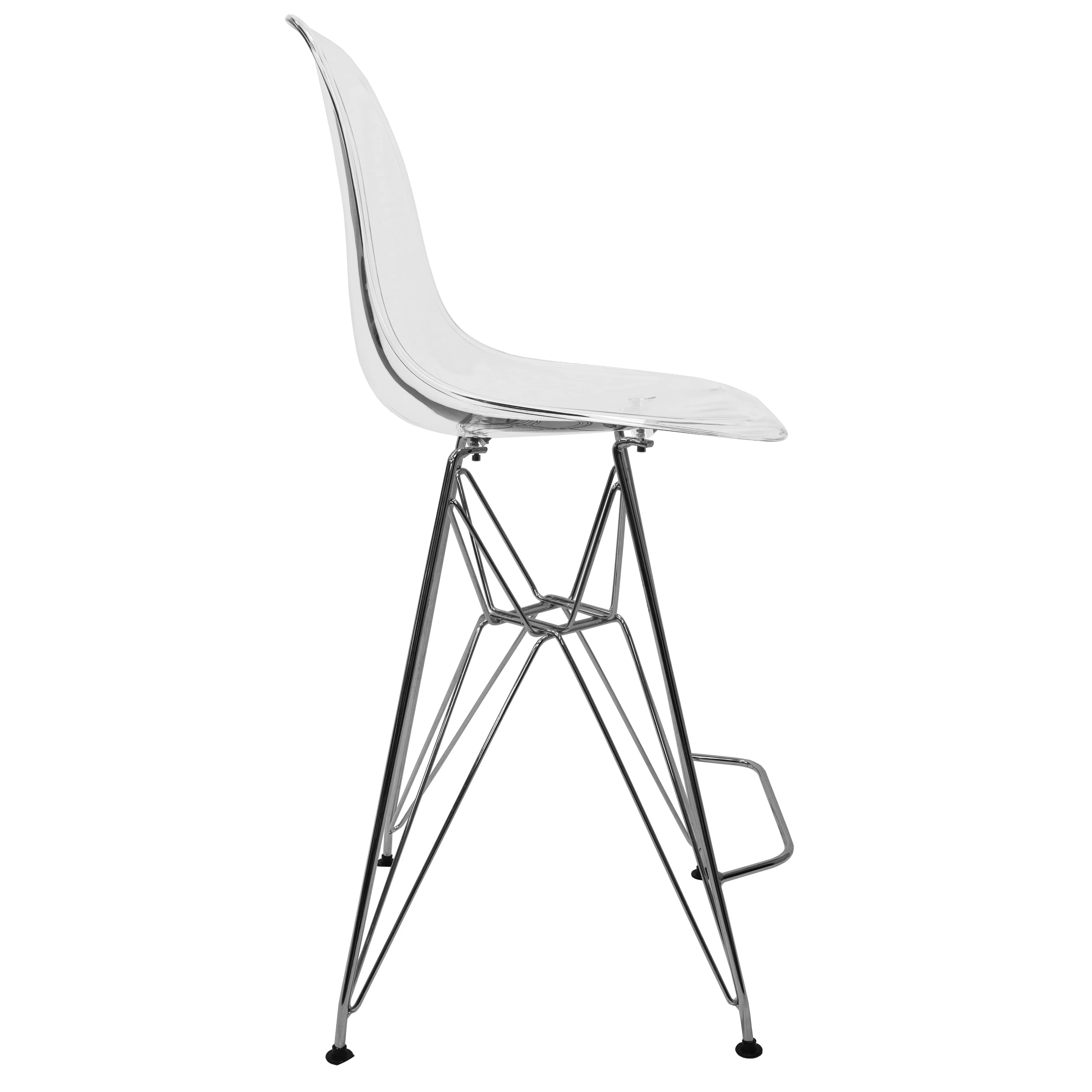 Cresco Modern Acrylic Barstool with Chrome Base and Footrest in Clear