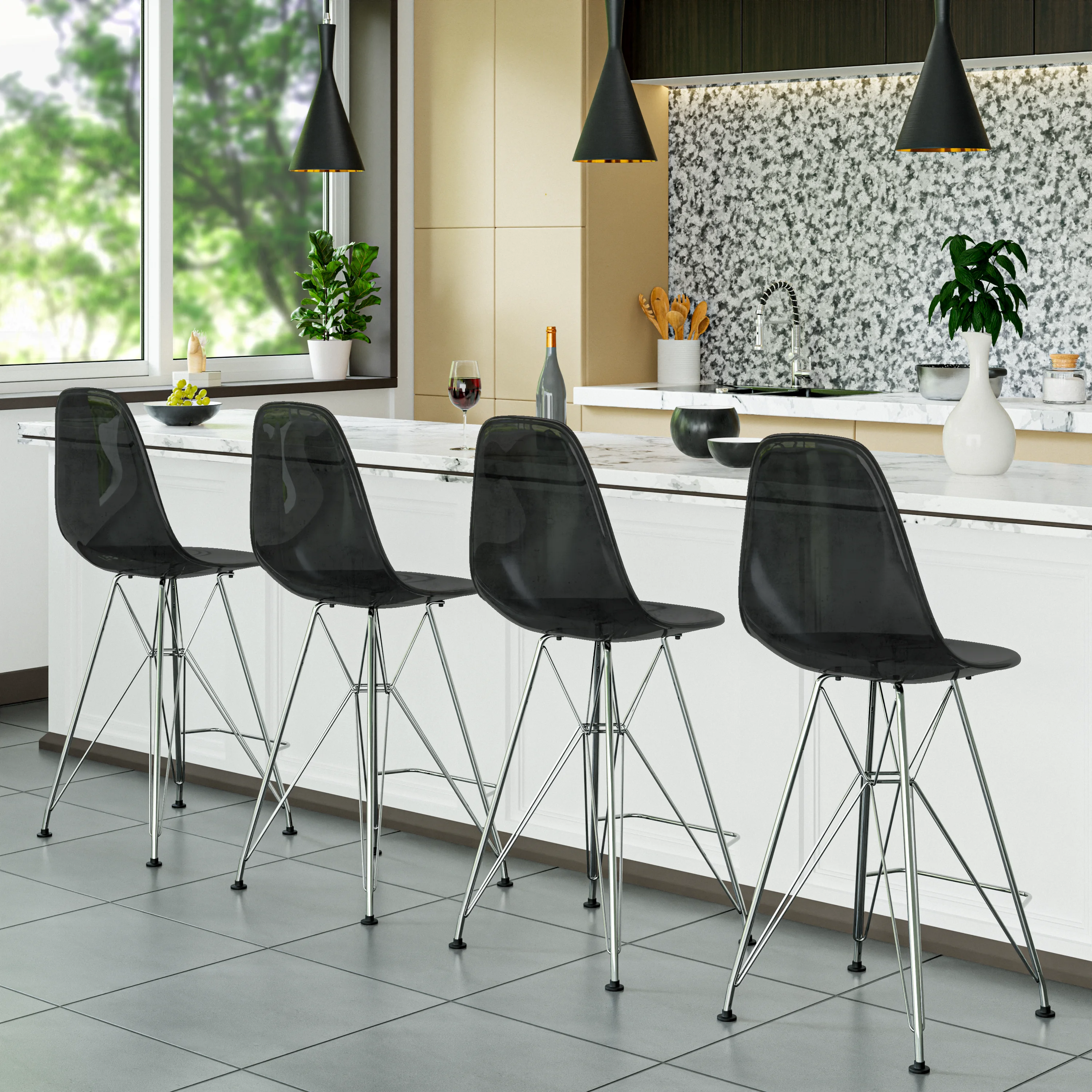 Cresco Modern Acrylic Barstool with Chrome Base and Footrest in Transparent Black