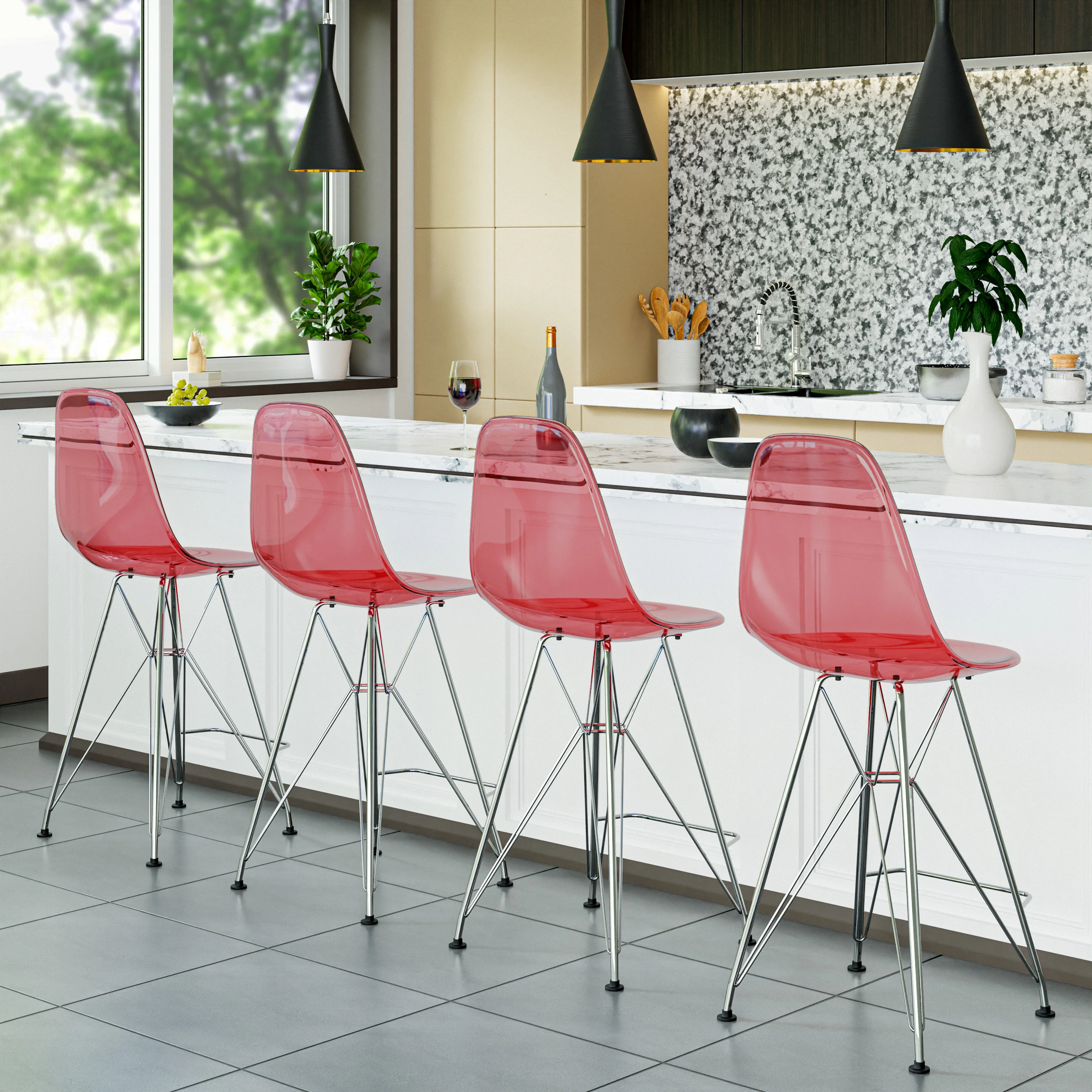 Cresco Modern Acrylic Barstool with Chrome Base and Footrest in Transparent Red