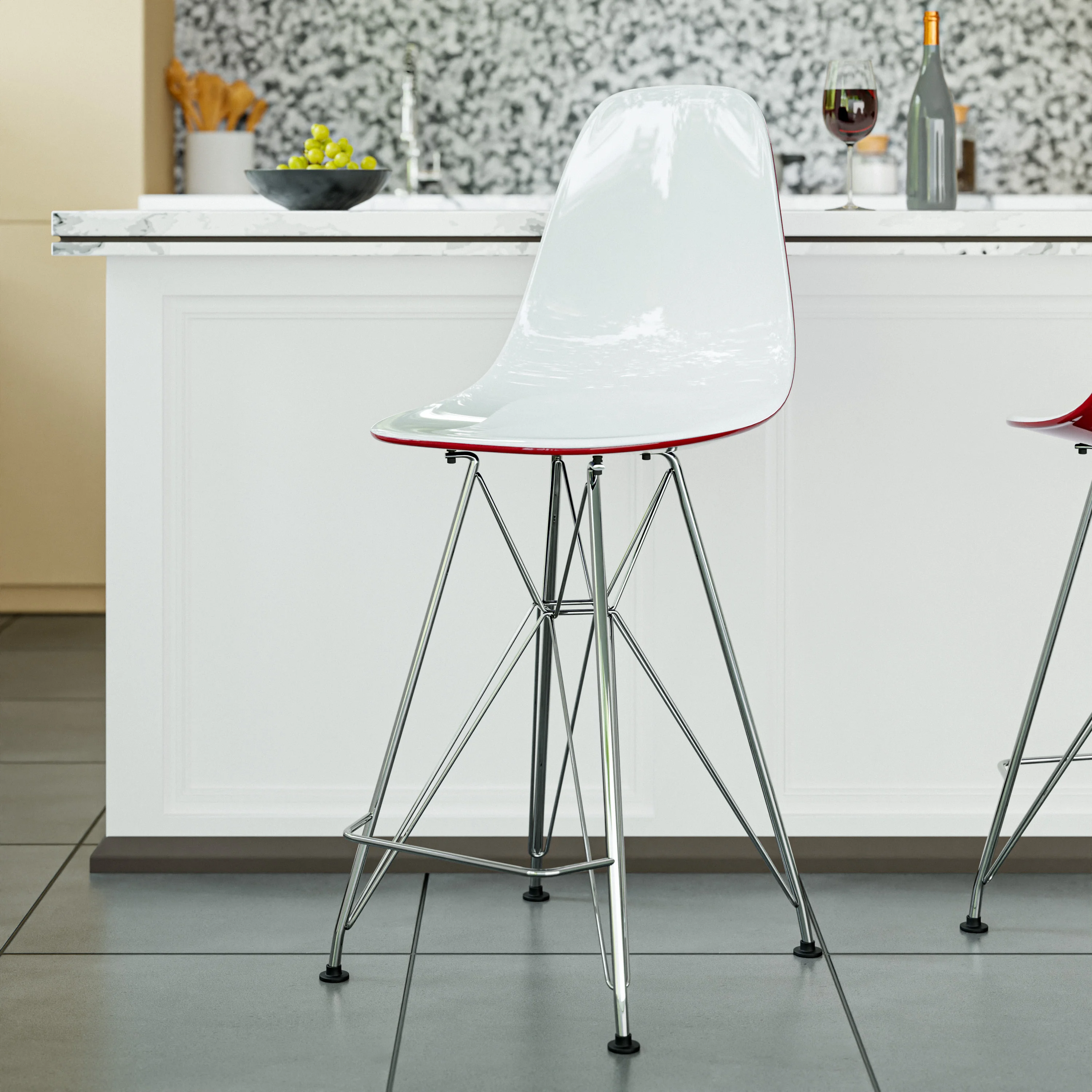 Cresco Modern Acrylic Barstool with Chrome Base and Footrest in White/Red