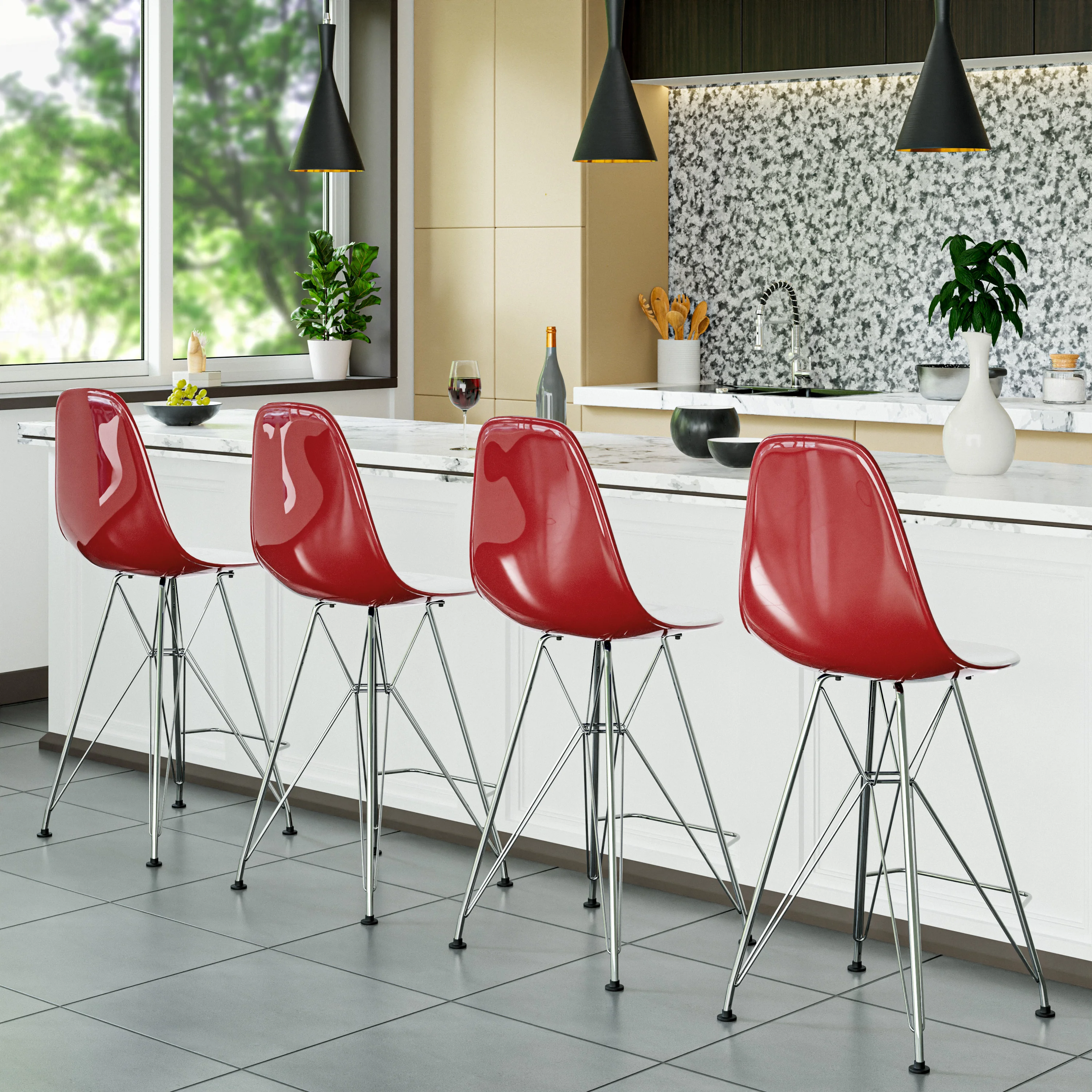 Cresco Modern Acrylic Barstool with Chrome Base and Footrest in White/Red