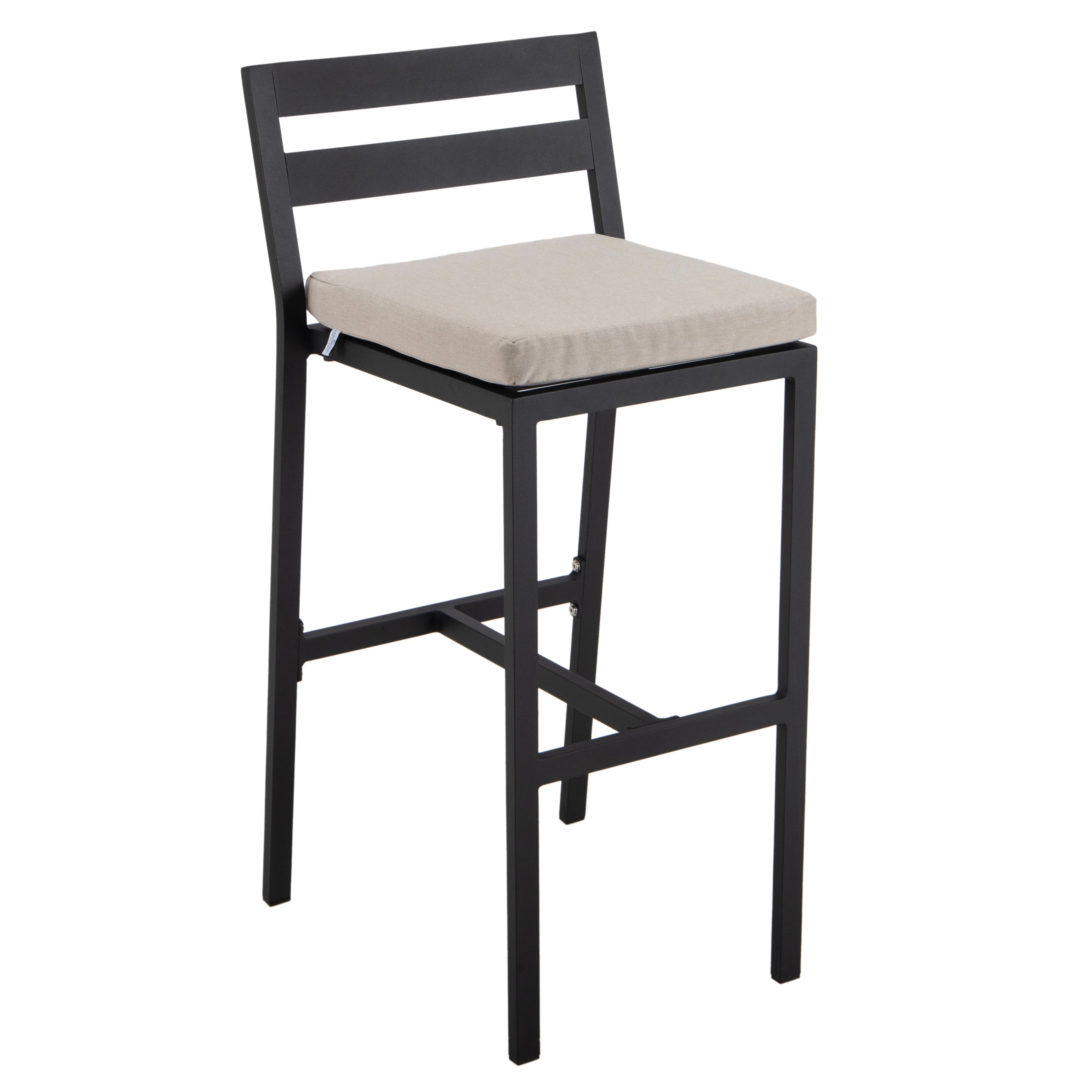 Chelsea Collection Modern Aluminum Outdoor Bar Chair in black with Beige Cushions