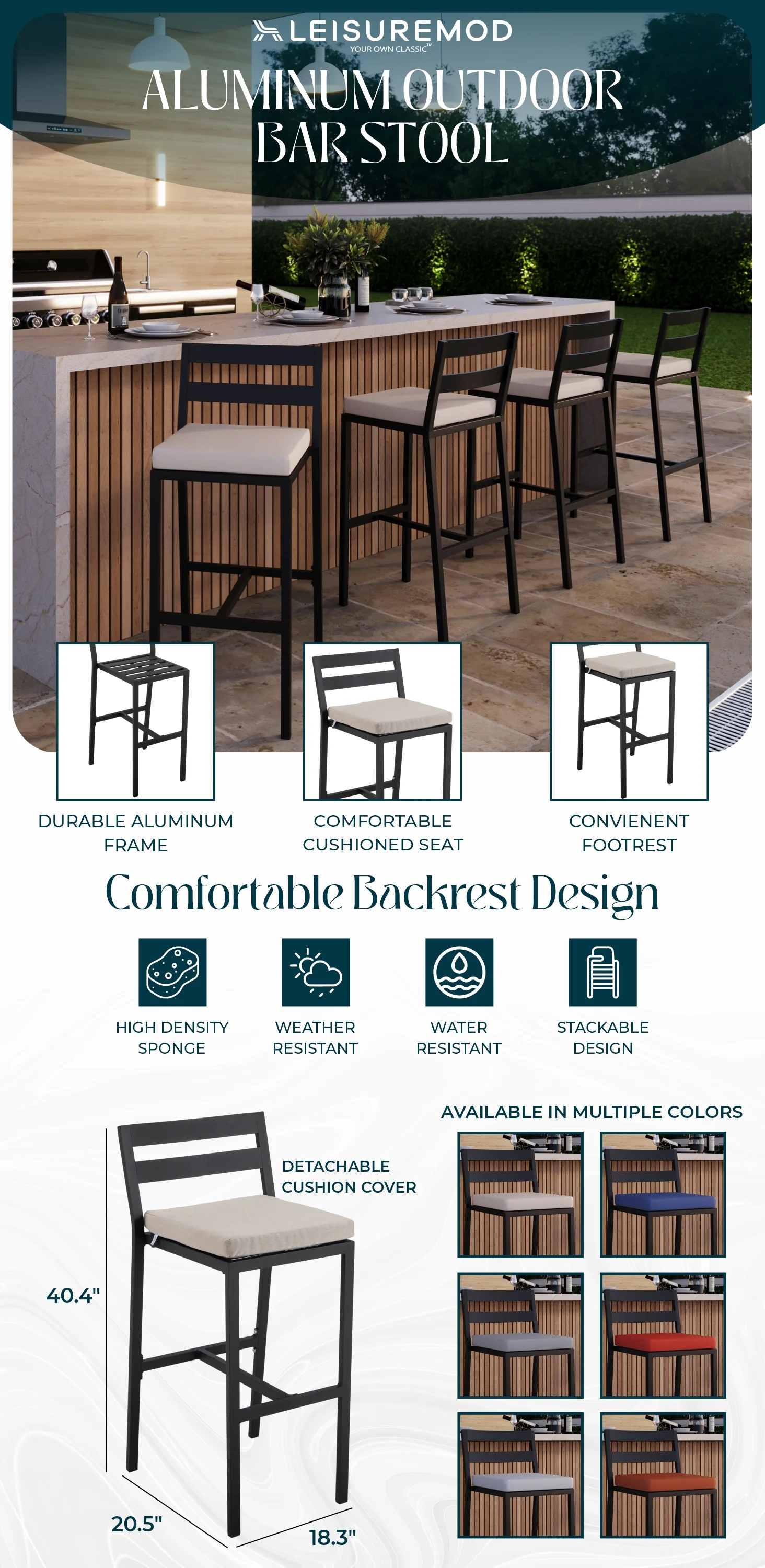 Chelsea Collection Modern Aluminum Outdoor Bar Chair in black with Beige Cushions