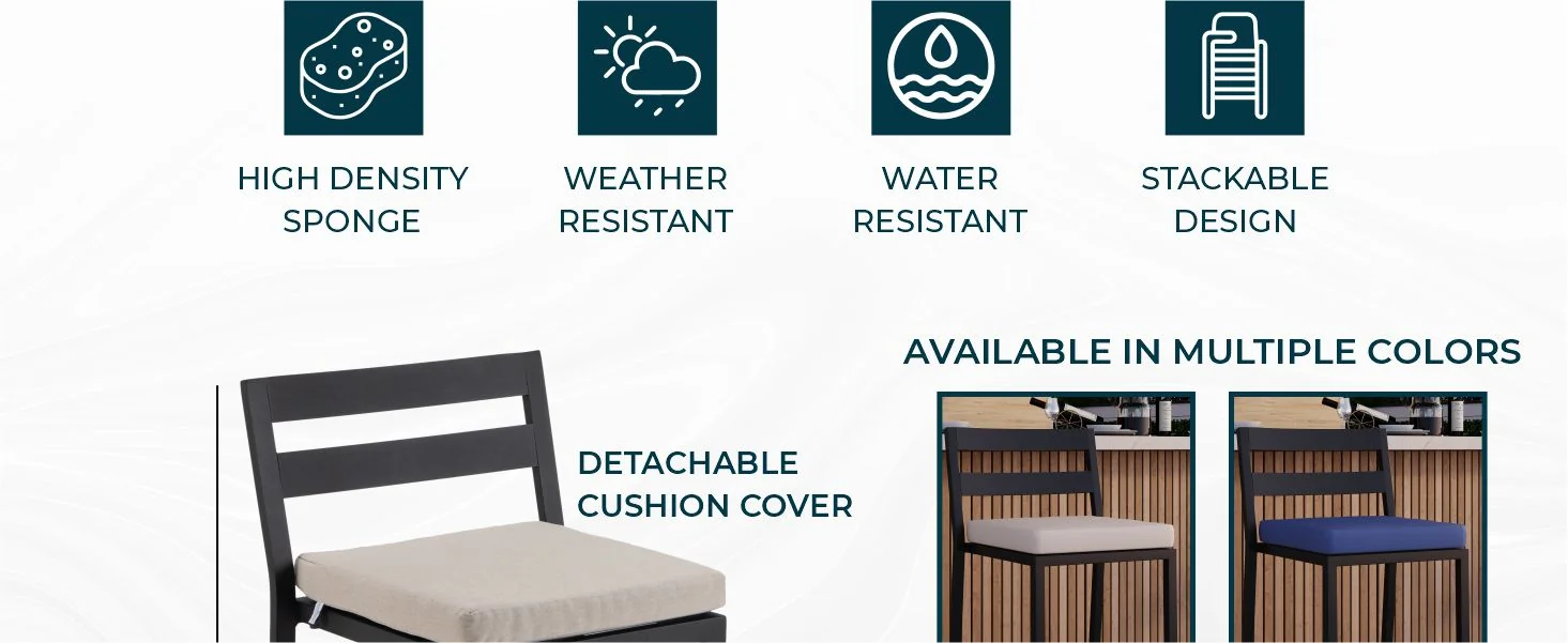 Chelsea Collection Modern Aluminum Outdoor Bar Chair in black with Beige Cushions - Set of 2