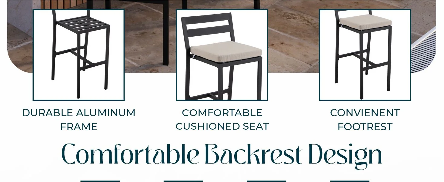 Chelsea Collection Modern Aluminum Outdoor Bar Chair in black with Beige Cushions - Set of 2