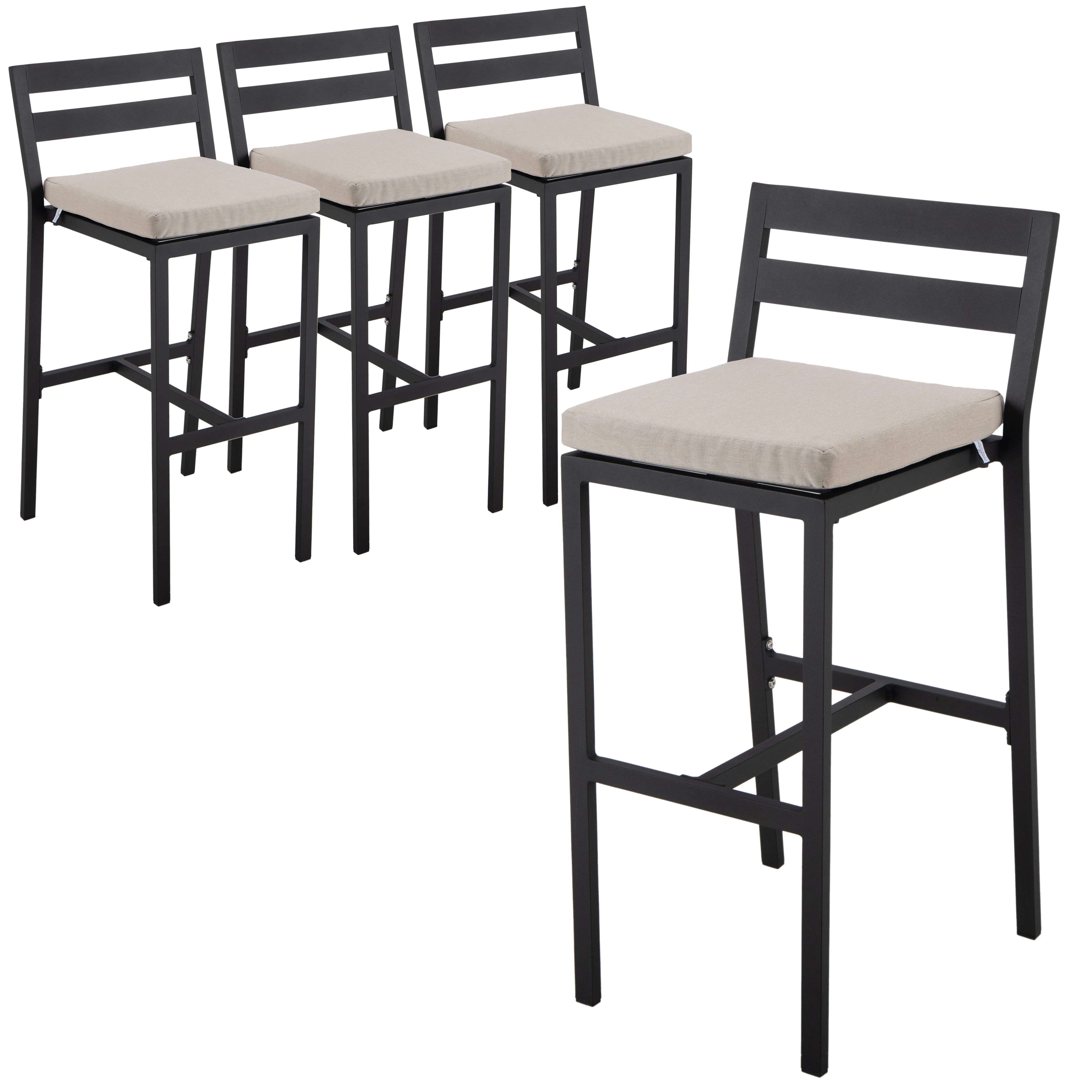 Chelsea Collection Modern Aluminum Outdoor Bar Chair in black with Beige Cushions - Set of 4