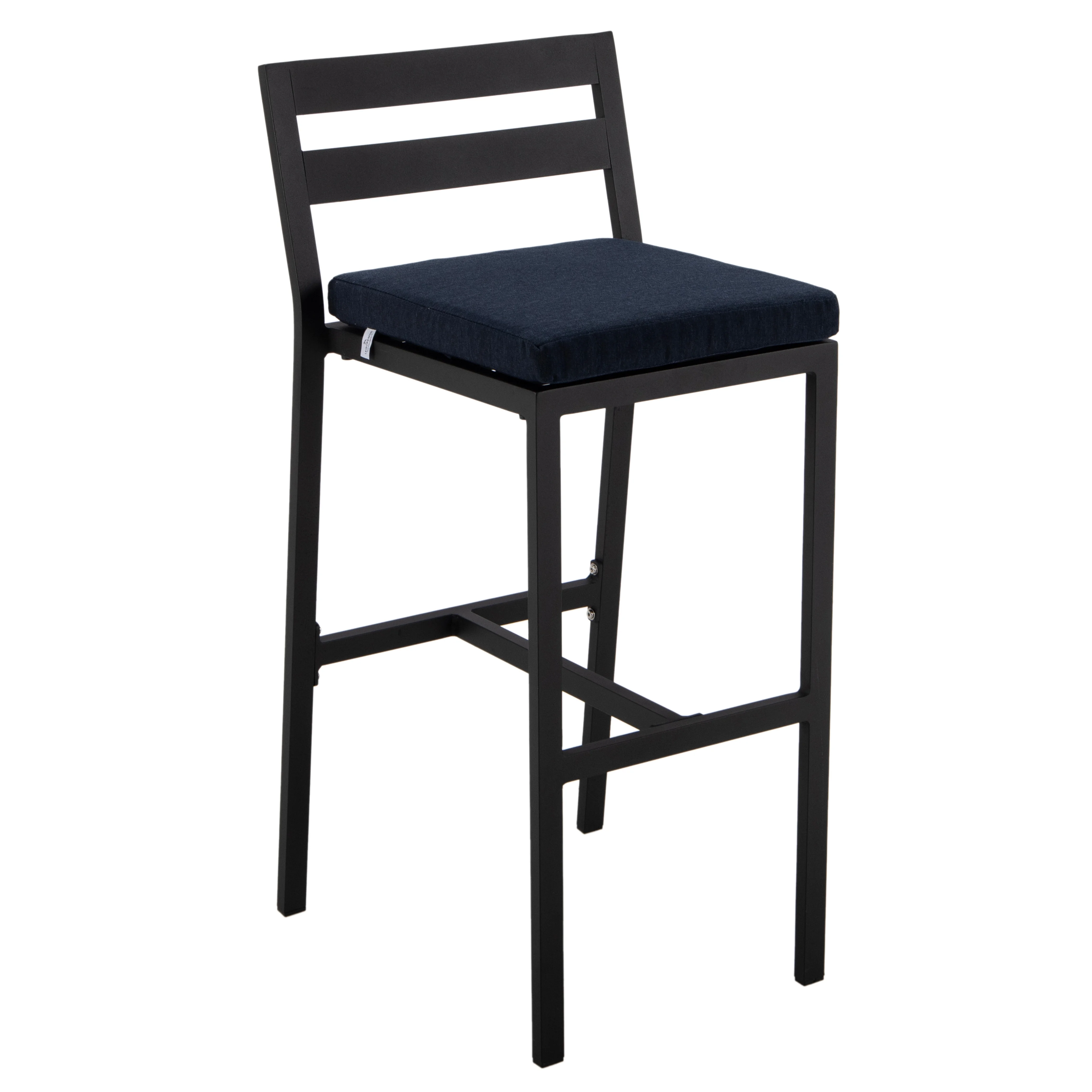 Chelsea Collection Modern Aluminum Outdoor Bar Chair in black with Blue Cushions