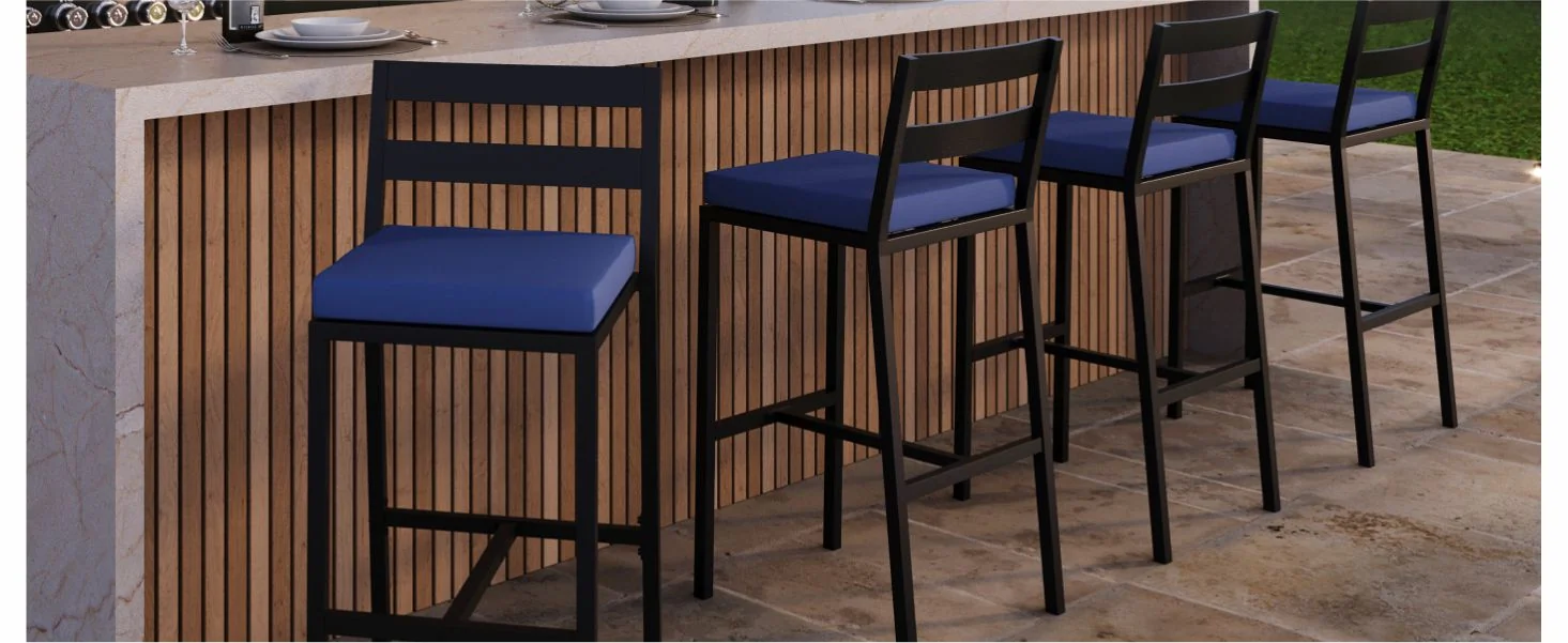 Chelsea Collection Modern Aluminum Outdoor Bar Chair in black with Blue Cushions