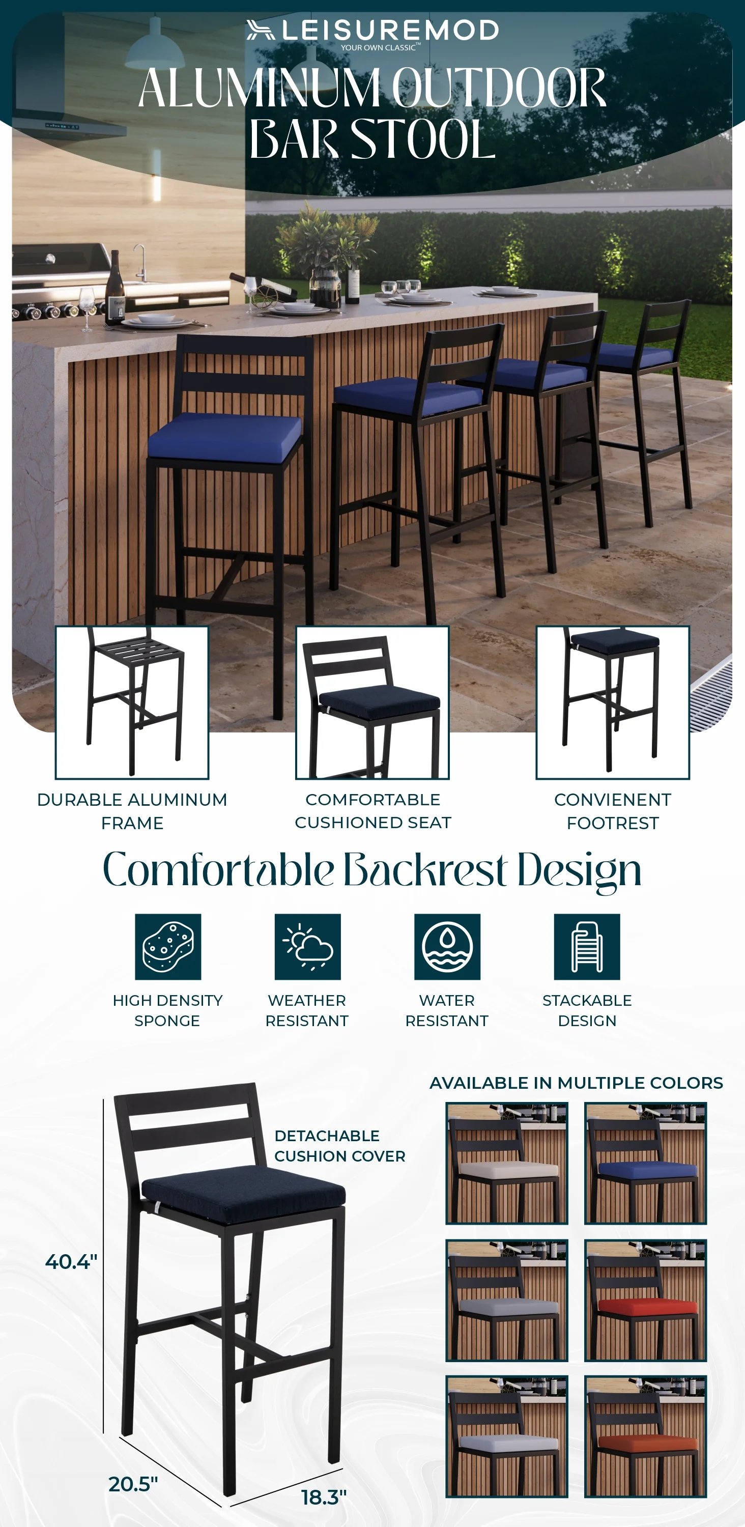 Chelsea Collection Modern Aluminum Outdoor Bar Chair in black with Blue Cushions