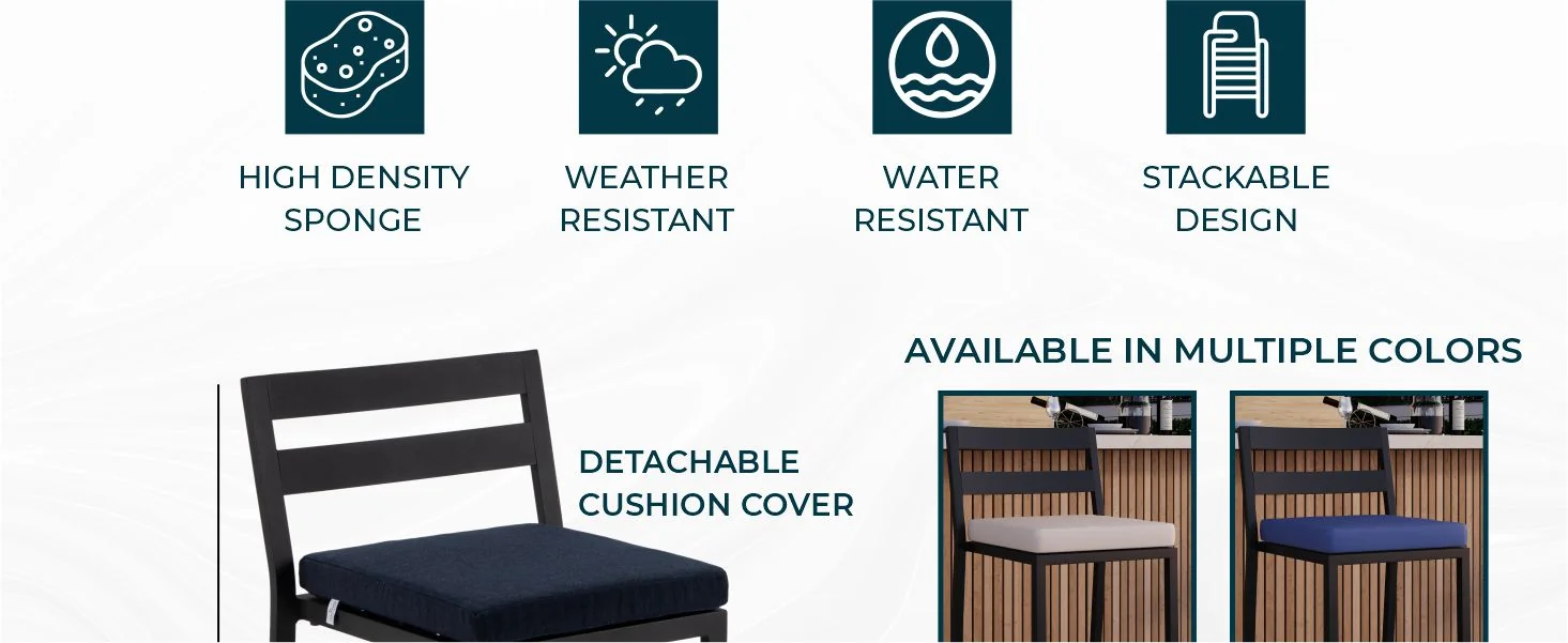 Chelsea Collection Modern Aluminum Outdoor Bar Chair in black with Blue Cushions - Set of 2