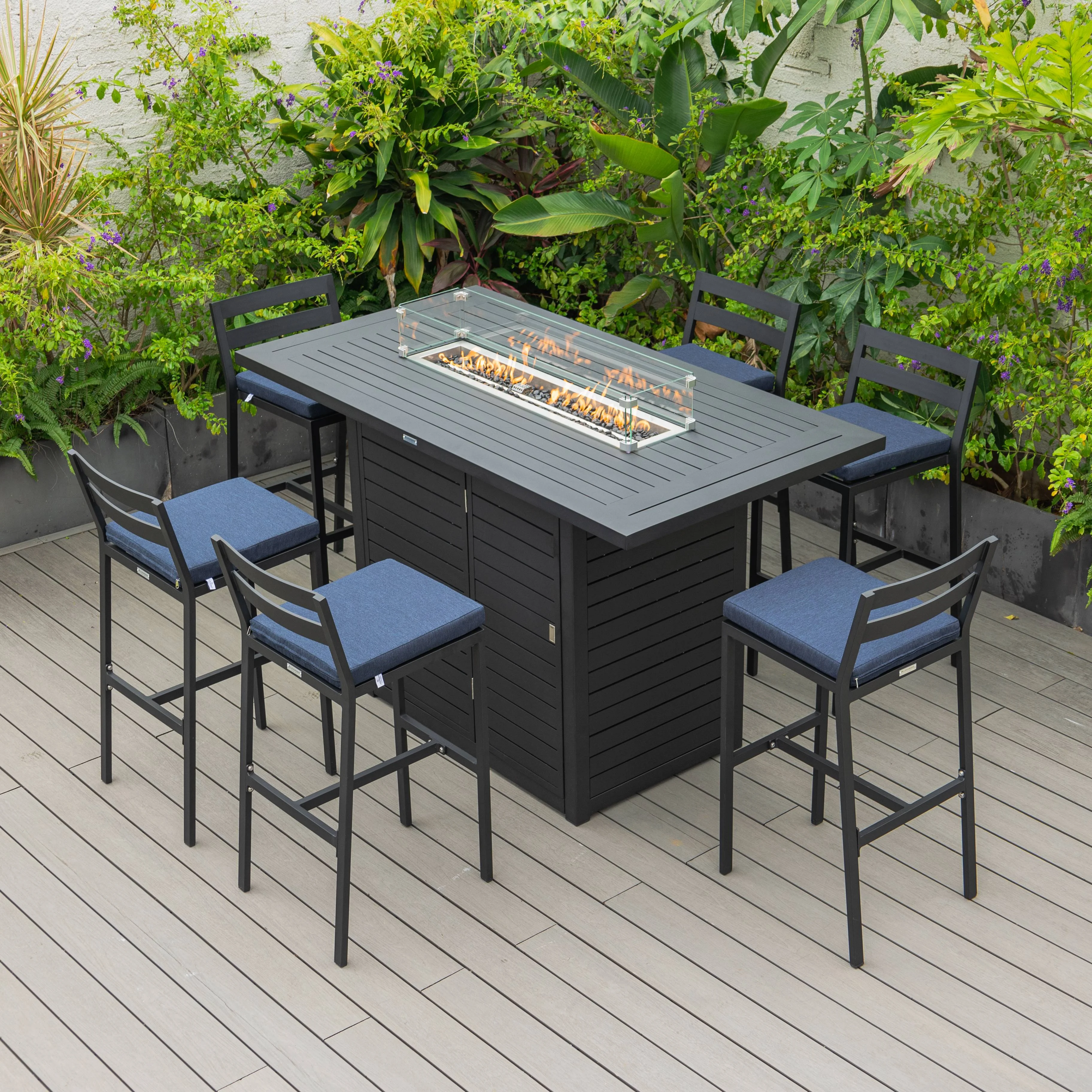 Chelsea Collection Modern Aluminum Outdoor Bar Chair in black with Blue Cushions - Set of 4