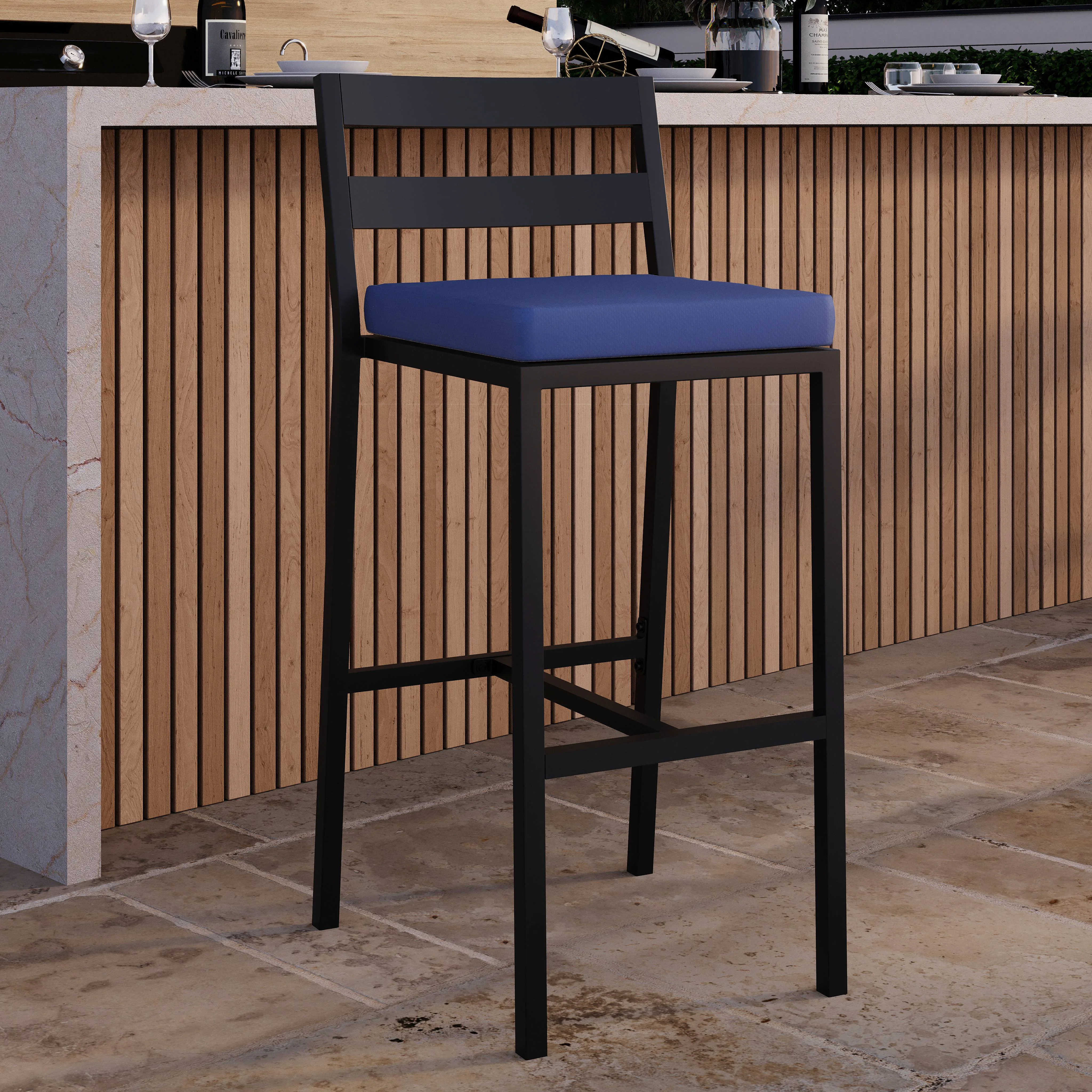 Chelsea Collection Modern Aluminum Outdoor Bar Chair in black with Blue Cushions - Set of 4