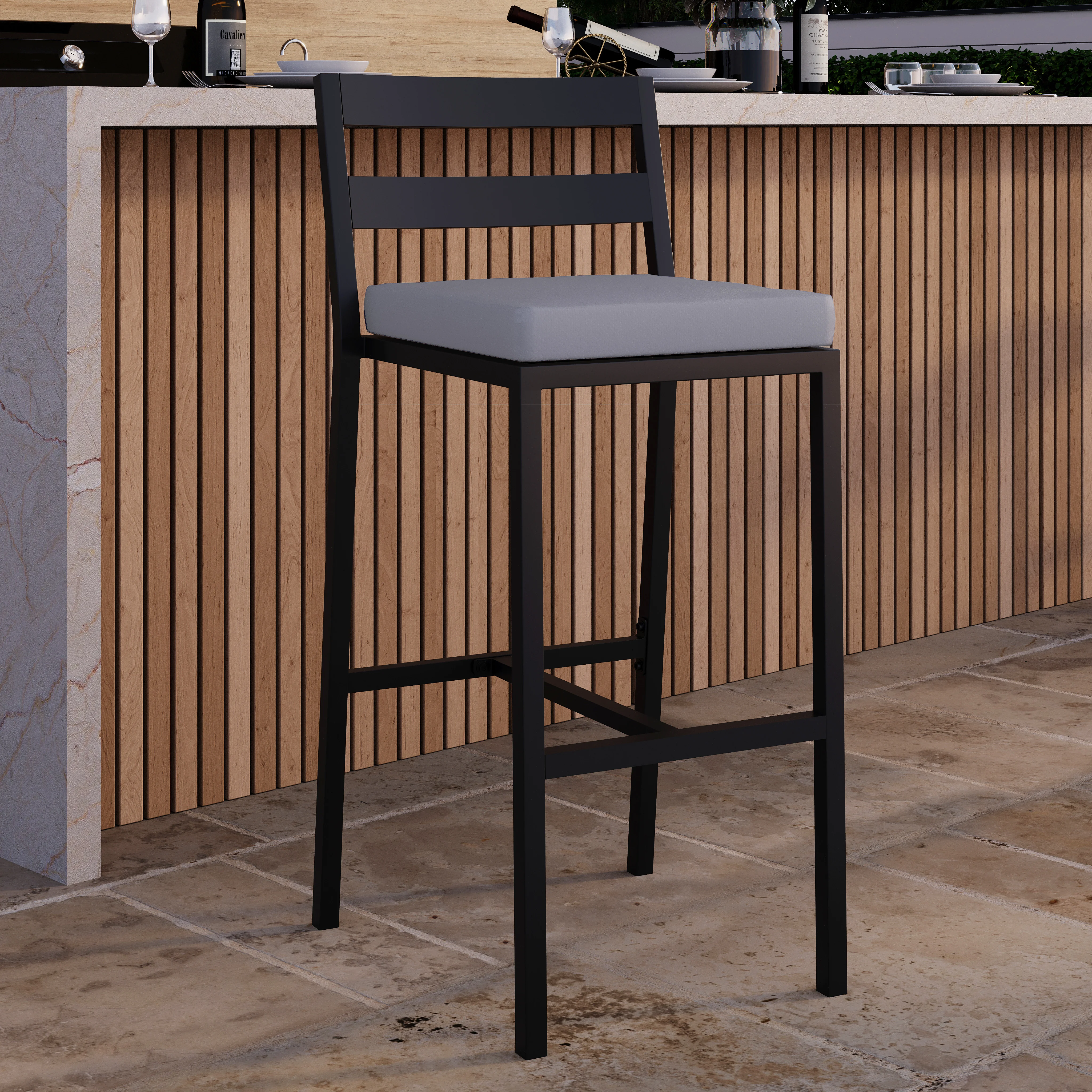 Chelsea Collection Modern Aluminum Outdoor Bar Chair in black with Charcoal Cushions