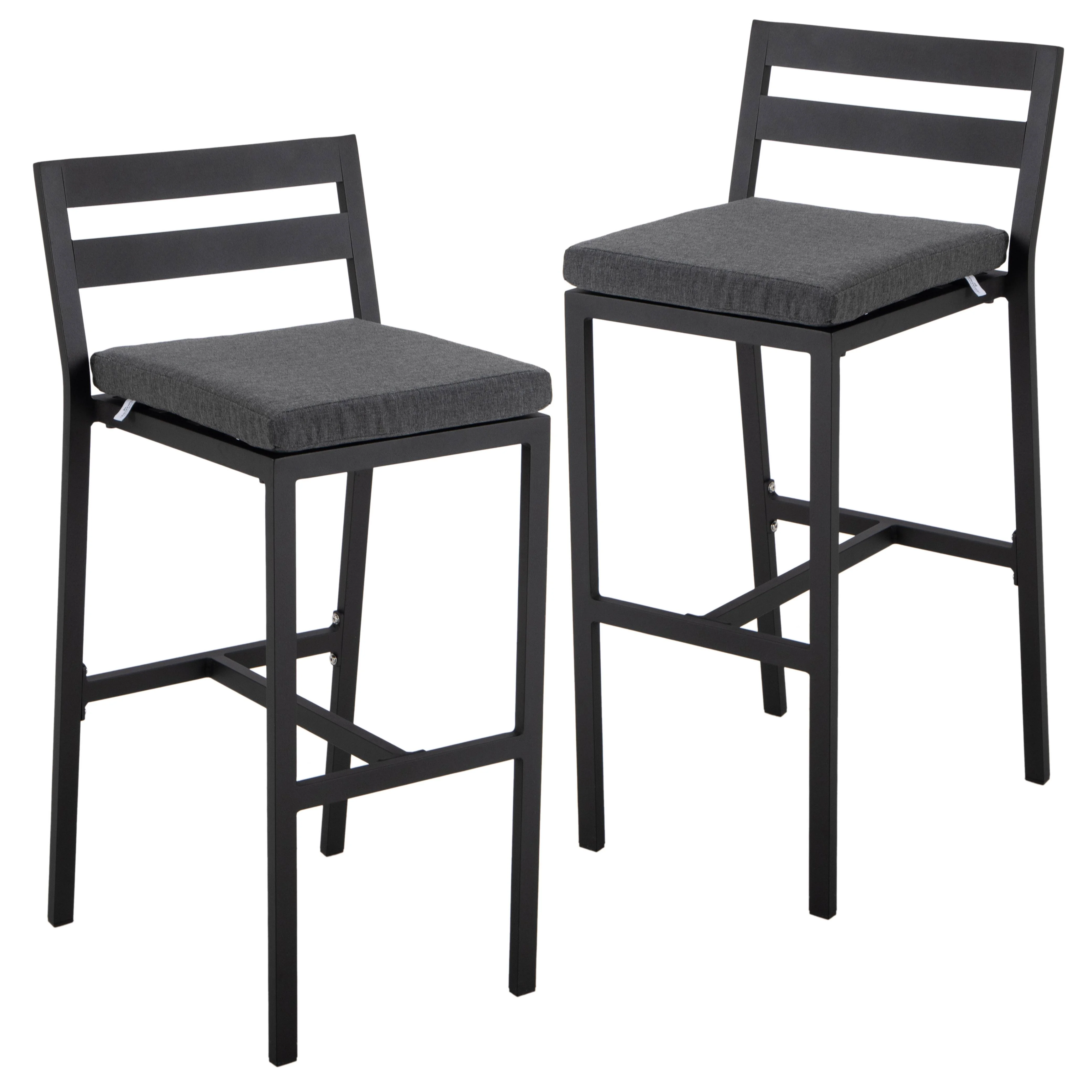 Chelsea Collection Modern Aluminum Outdoor Bar Chair in black with Charocal Cushions - Set of 2