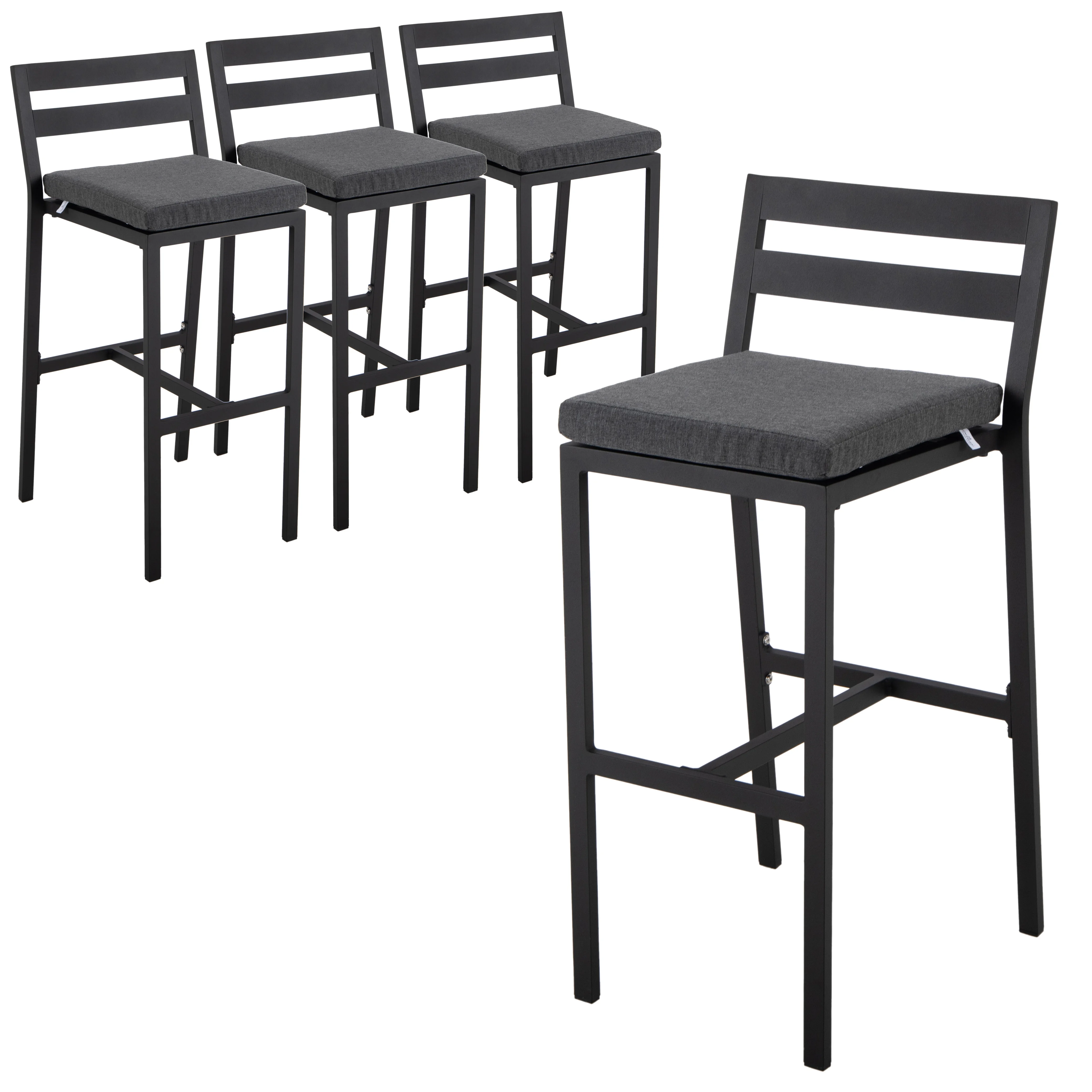 Chelsea Collection Modern Aluminum Outdoor Bar Chair in black with Charocal Cushions - Set of 4