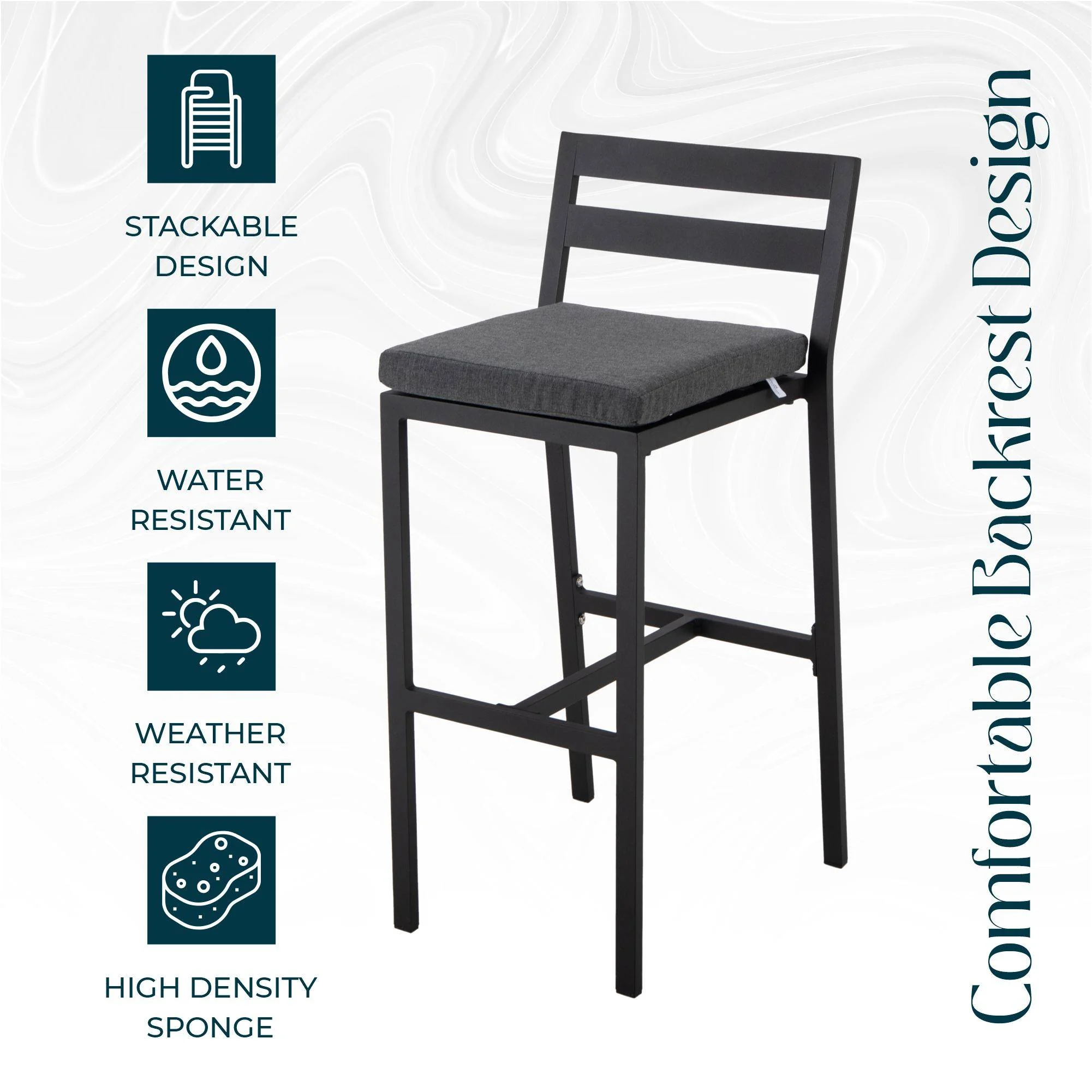 Chelsea Collection Modern Aluminum Outdoor Bar Chair in black with Charocal Cushions - Set of 4