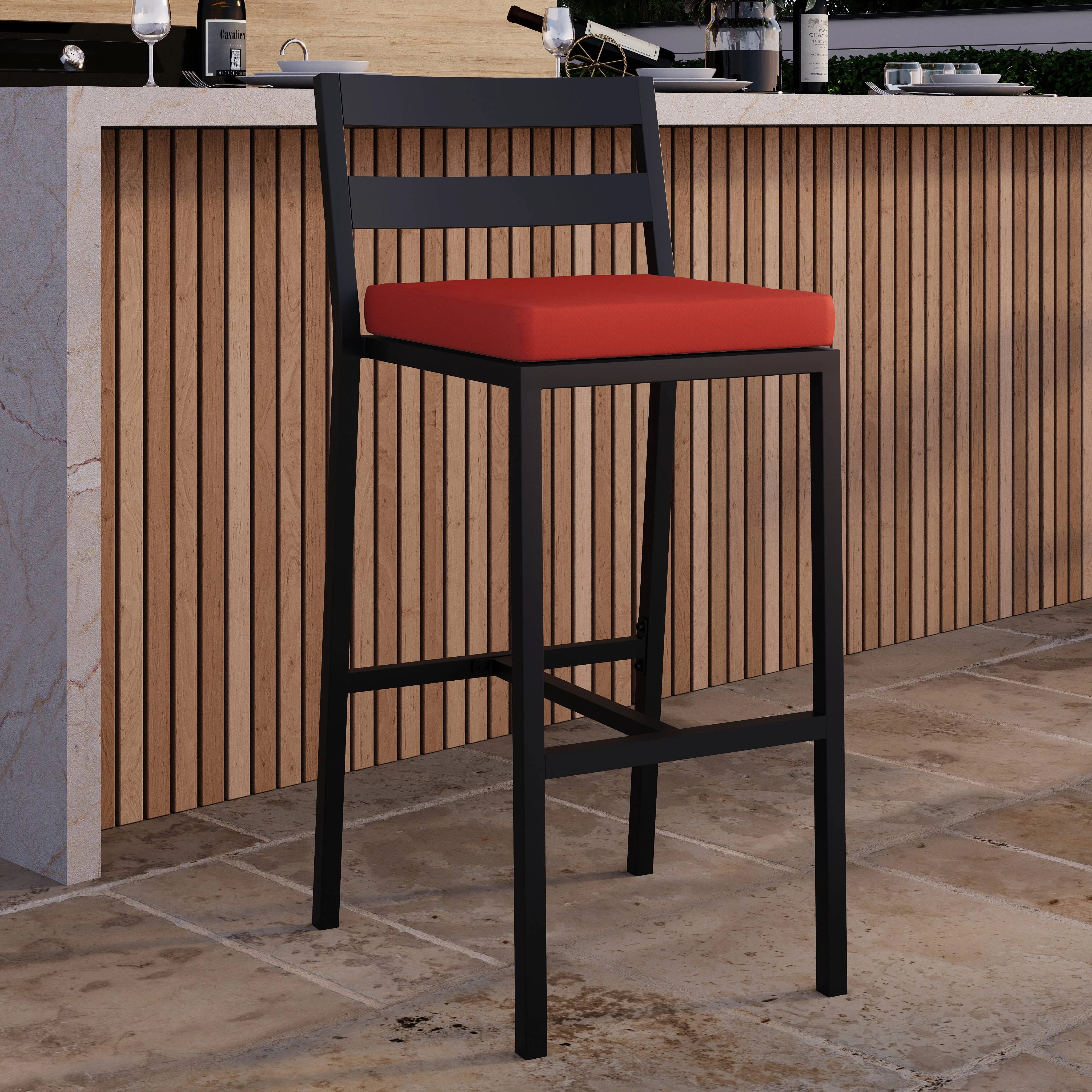 Chelsea Collection Modern Aluminum Outdoor Bar Chair in black with Cherry Cushions - Set of 2