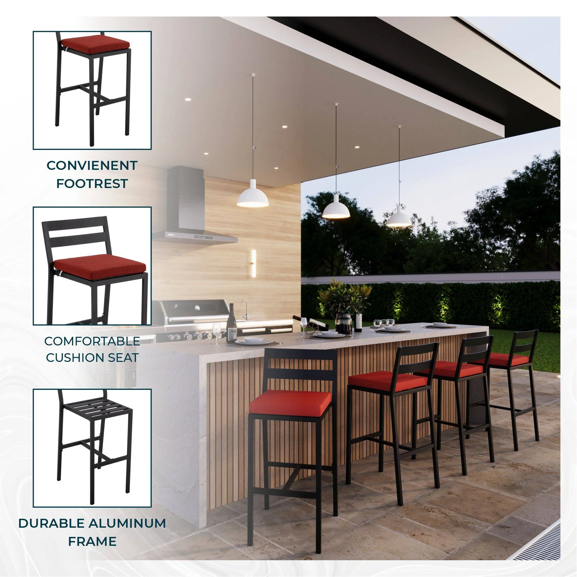 Chelsea Collection Modern Aluminum Outdoor Bar Chair in black with Cherry Cushions - Set of 2
