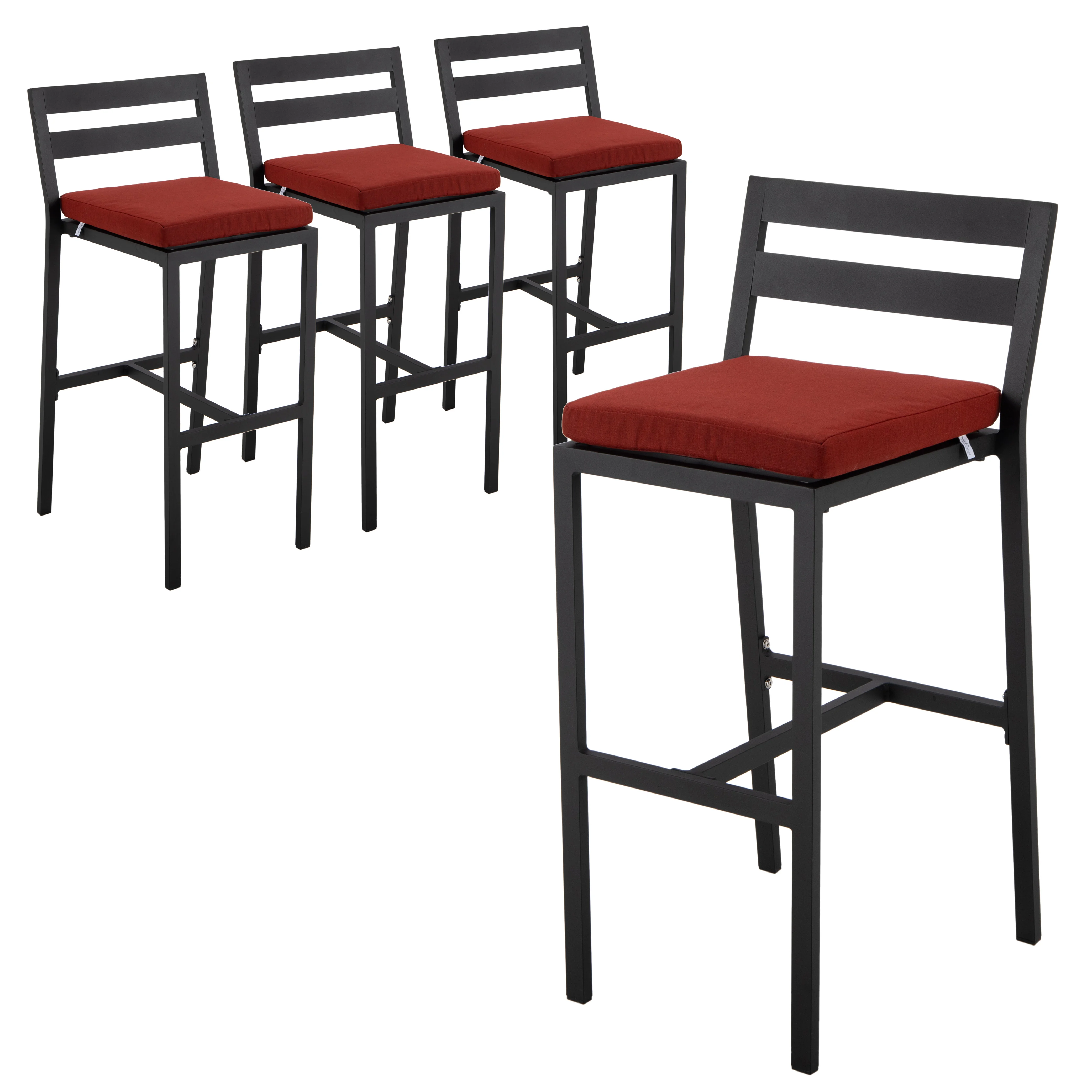 Chelsea Collection Modern Aluminum Outdoor Bar Chair in black with Cherry Cushions - Set of 4