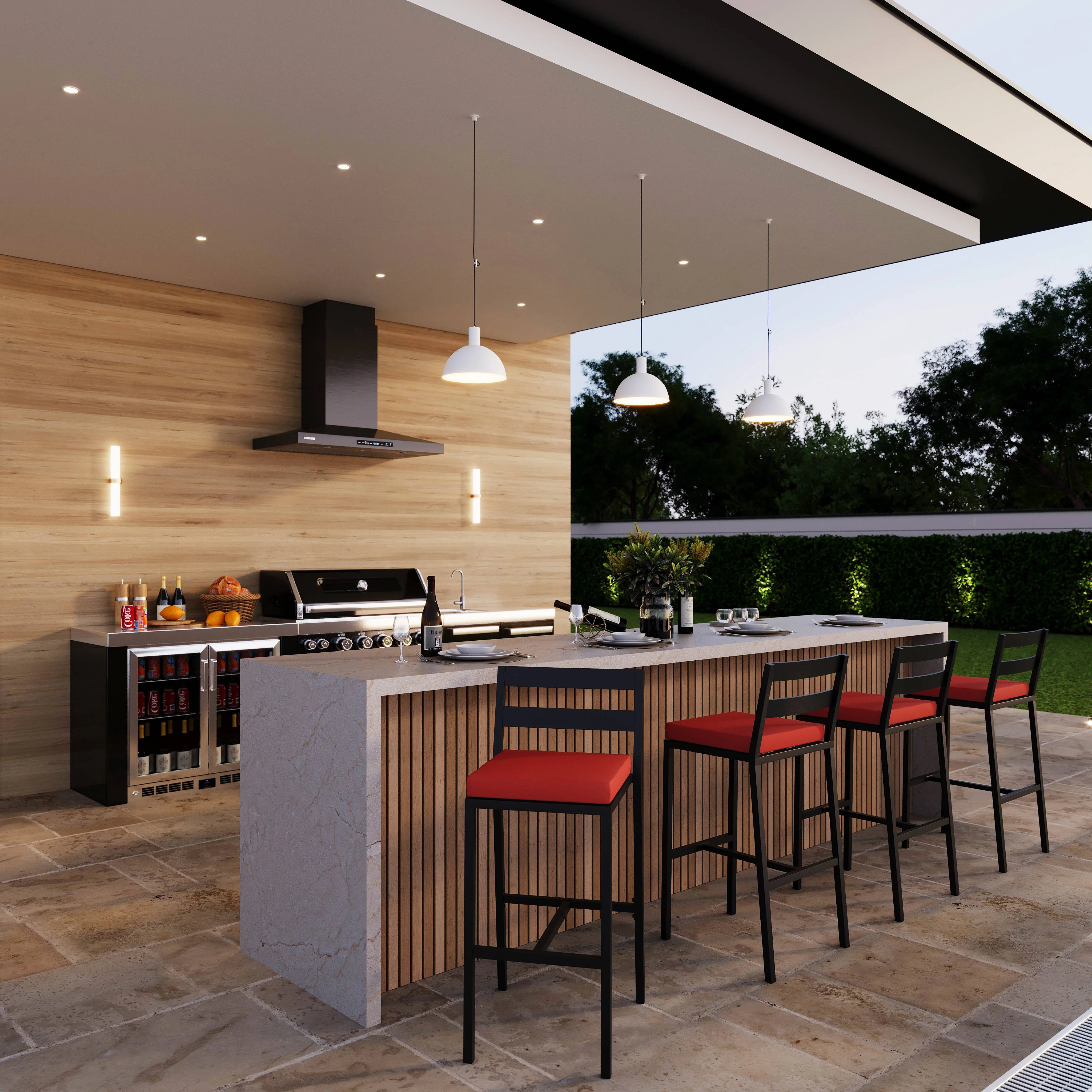 Chelsea Collection Modern Aluminum Outdoor Bar Chair in black with Cherry Cushions - Set of 4