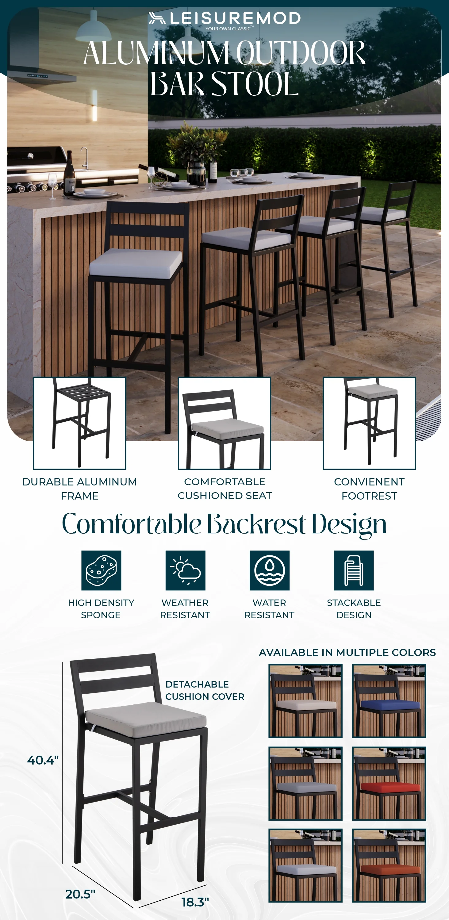 Chelsea Collection Modern Aluminum Outdoor Bar Chair in black with Light Grey Cushions