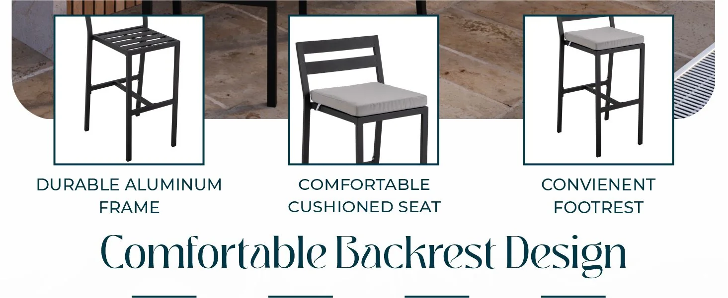 Chelsea Collection Modern Aluminum Outdoor Bar Chair in black with Light Grey Cushions