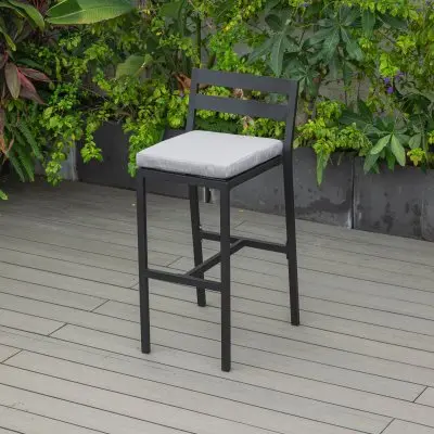 Chelsea Collection Modern Aluminum Outdoor Bar Chair in black with Light Grey Cushions