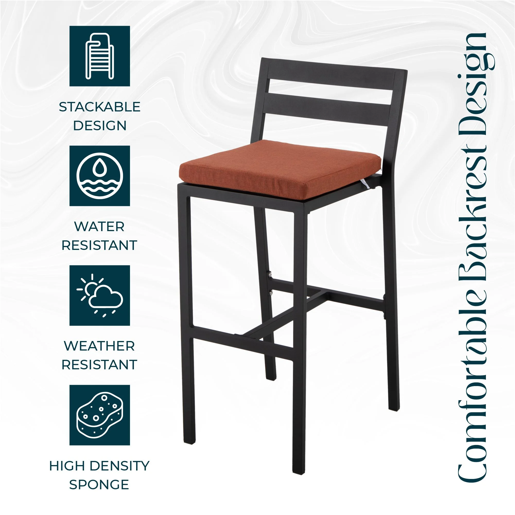 Chelsea Collection Modern Aluminum Outdoor Bar Chair in black with Orange Cushions