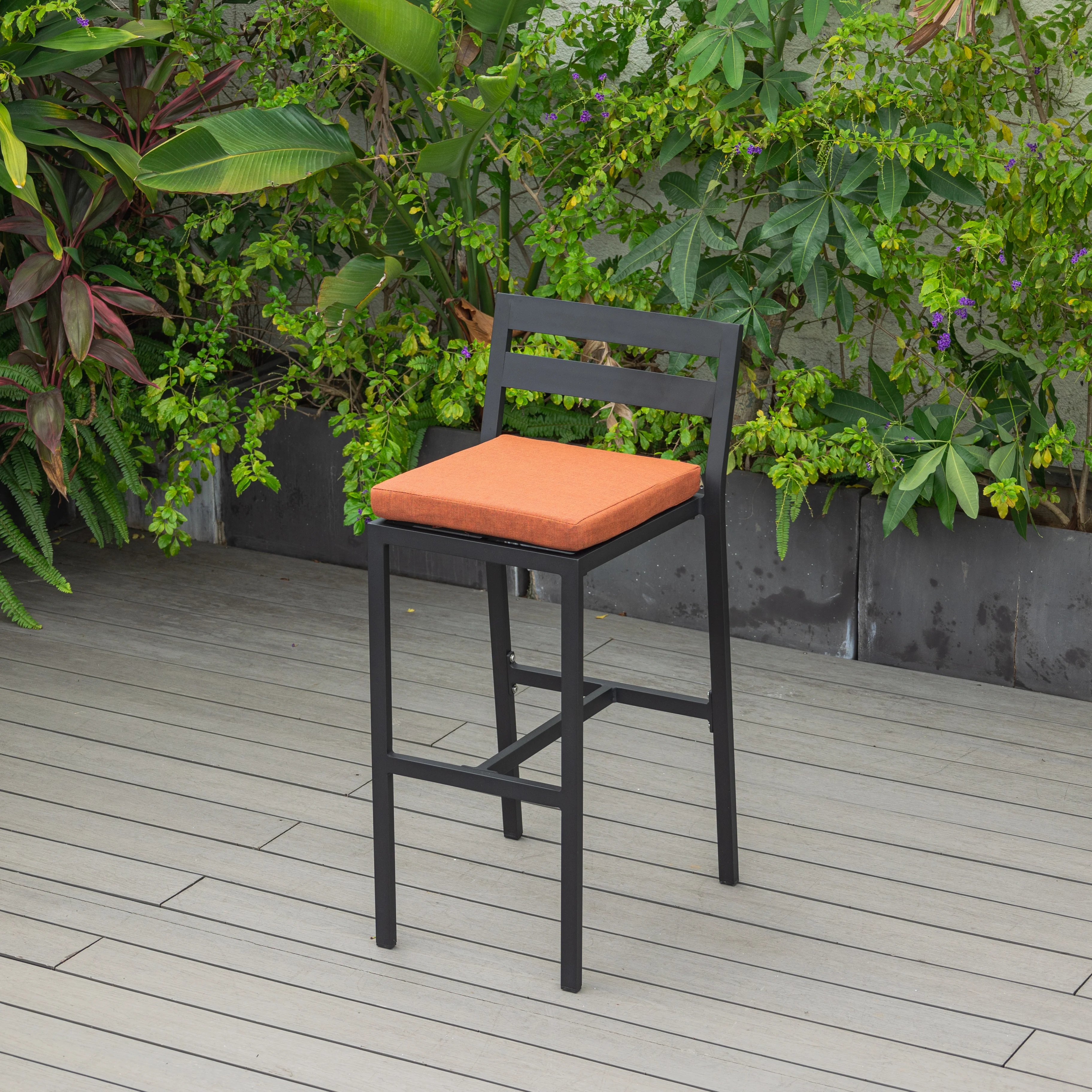 Chelsea Collection Modern Aluminum Outdoor Bar Chair in black with Orange Cushions