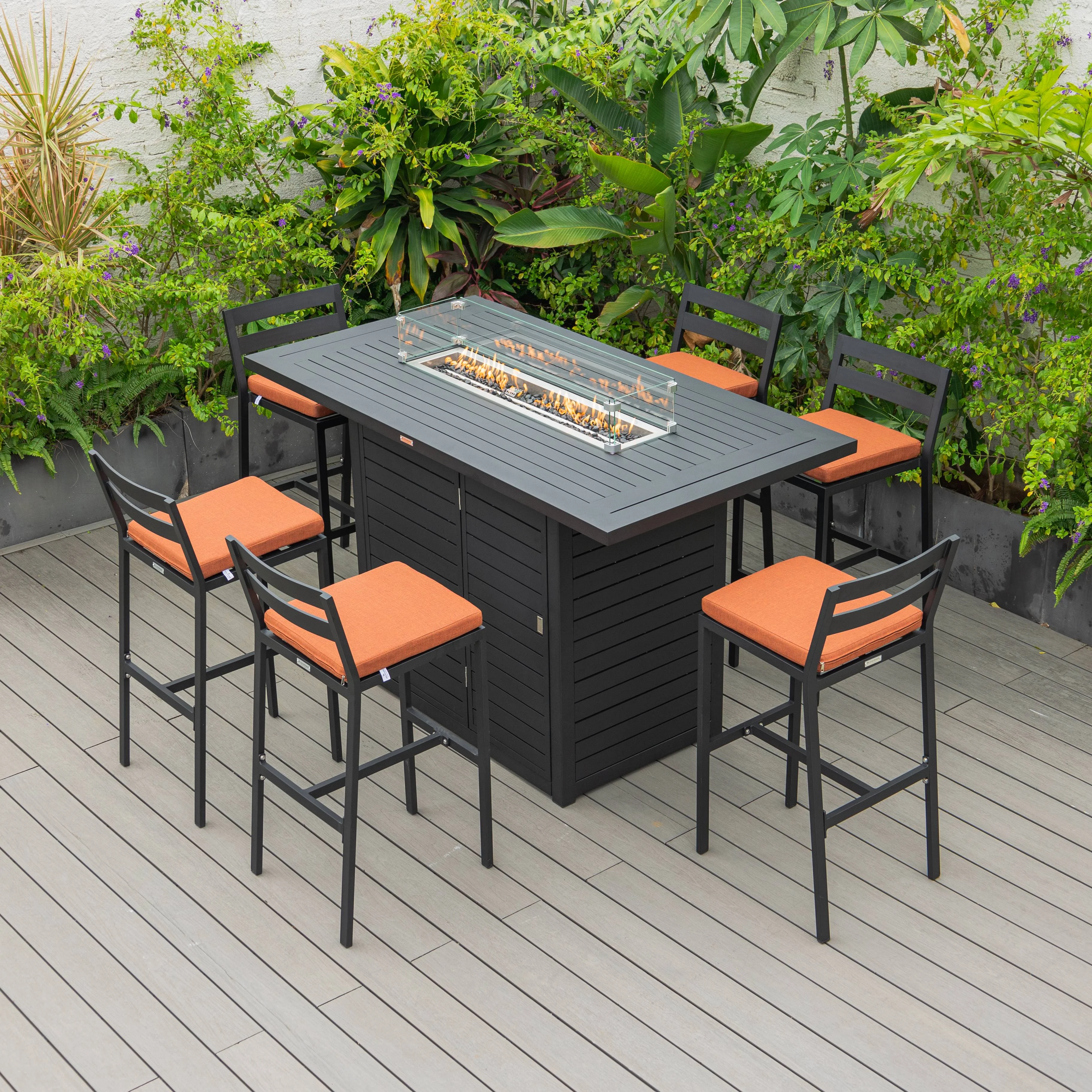 Chelsea Collection Modern Aluminum Outdoor Bar Chair in black with Orange Cushions - Set of 2